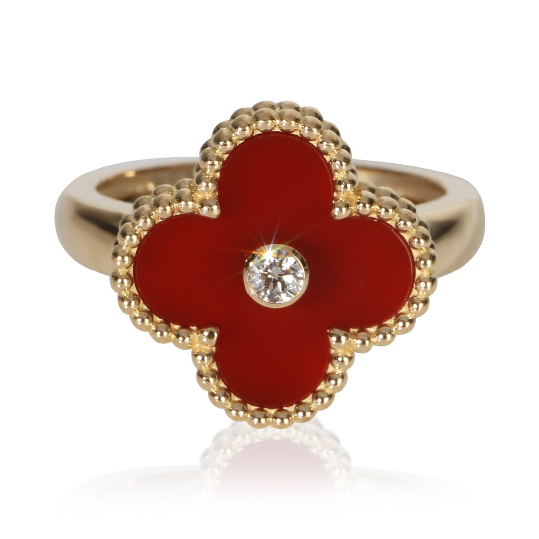 Vintage Alhambra Ring with Carnelian and Diamonds in 18k Yellow Gold: Vintage Alhambra Ring with Carnelian and Diamonds in 18k Yellow Gold This Van Cleef & Arpels Vintage Alhambra ring features a carnelian main stone accented by round brilliant-cut diamonds with a total
