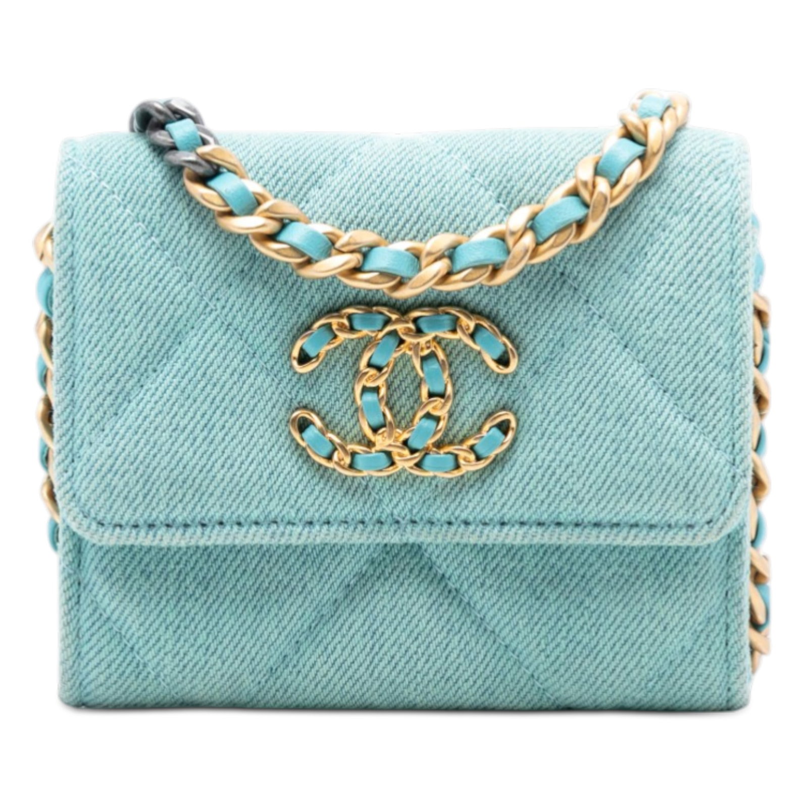 Blue Denim Quilted Crossbody Card Holder with Chain by Chanel: Blue Denim Quilted Crossbody Card Holder with Chain by Chanel This Chanel 19 card holder features a quilted denim exterior with a leather-woven chain strap and a flap secured by a magnetic snap closur