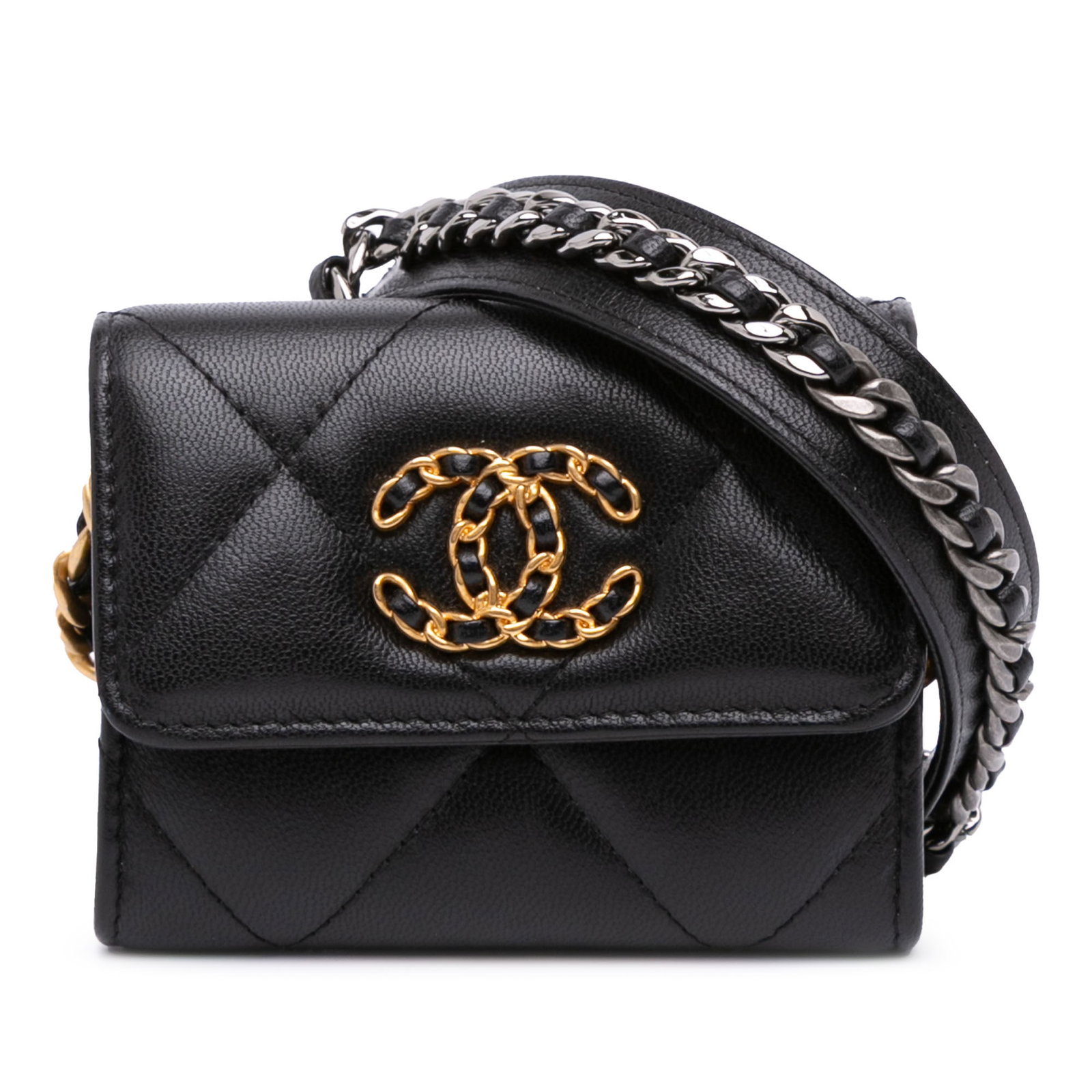 Chanel Black Quilted Lambskin 19 Flap Coin Purse with Chain (1 of 10)