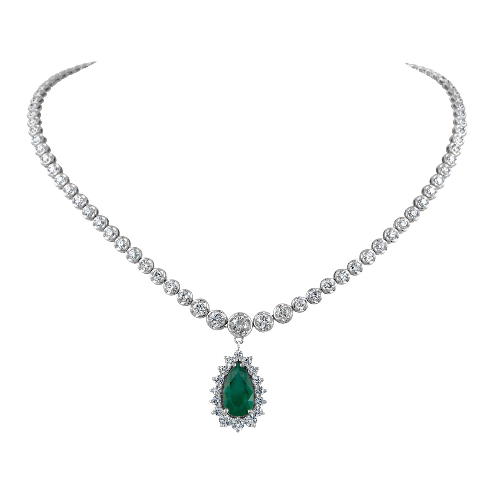 14k White Gold Grand Necklace with 5.27ct Pear Emerald and 109 Diamonds: 14k White Gold Grand Necklace with 5.27ct Pear Emerald and 109 Diamonds This stunning grand necklace showcases a captivating pear-shaped emerald weighing 5.27 carats, set amidst a brilliant arrangemen