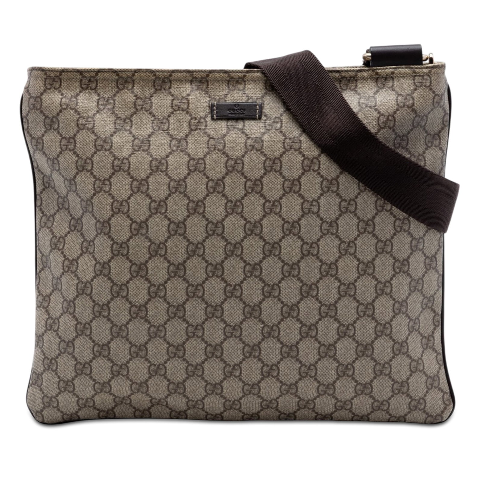 Gucci GG Supreme beige coated canvas crossbody bag: Gucci GG Supreme beige coated canvas crossbody bag This Gucci GG Supreme Crossbody bag features a coated canvas body with leather trim, an adjustable flat shoulder strap, a top zip closure, and an int