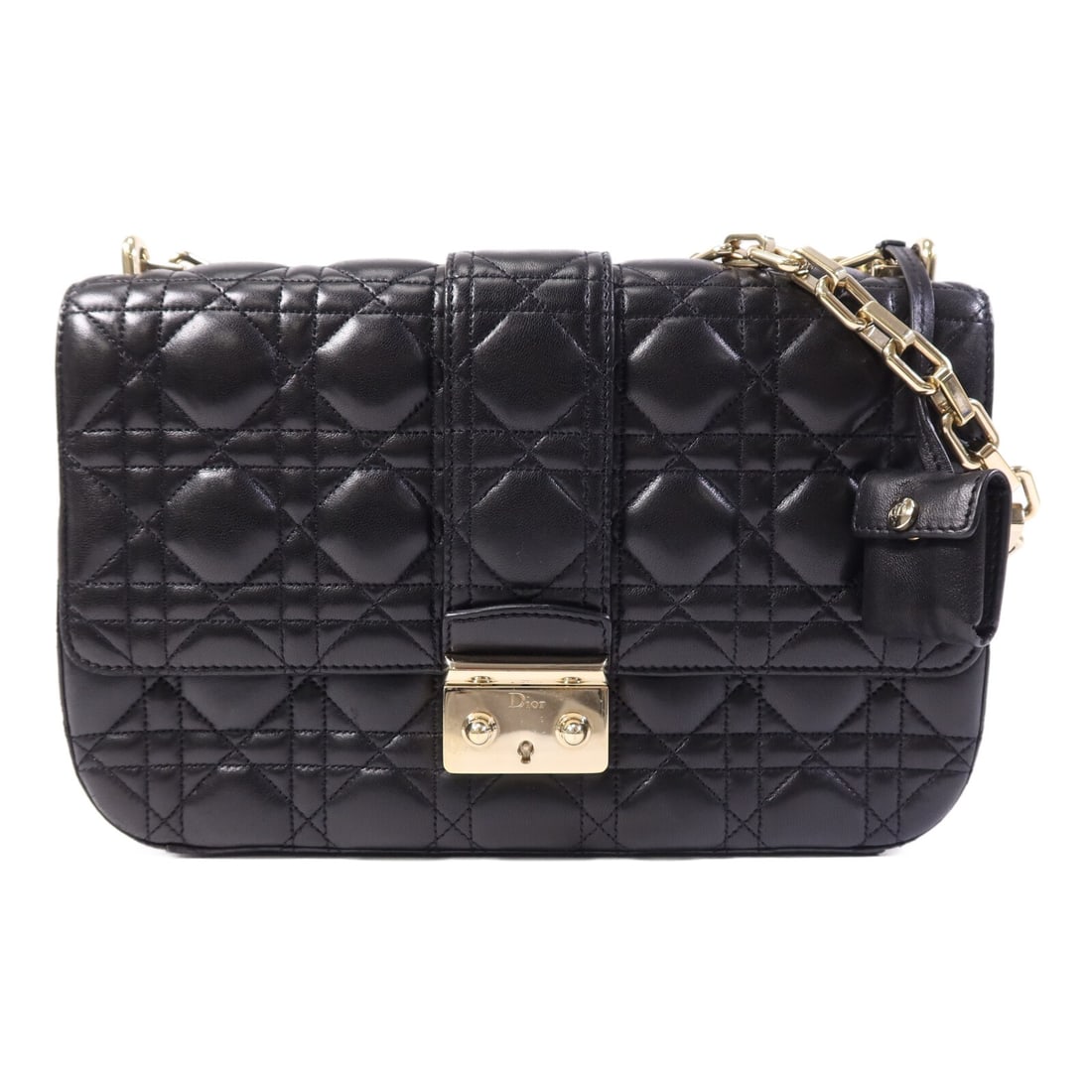 Dior Miss Dior Lambskin Chain Shoulder Bag Black M0215OGAI: Dior Miss Dior Lambskin Chain Shoulder Bag Black M0215OGAI Christian Dior Miss Dior Chain Shoulder Bag in black lambskin (sheep leather) with gold-tone hardware. It features a flap closure, four open 