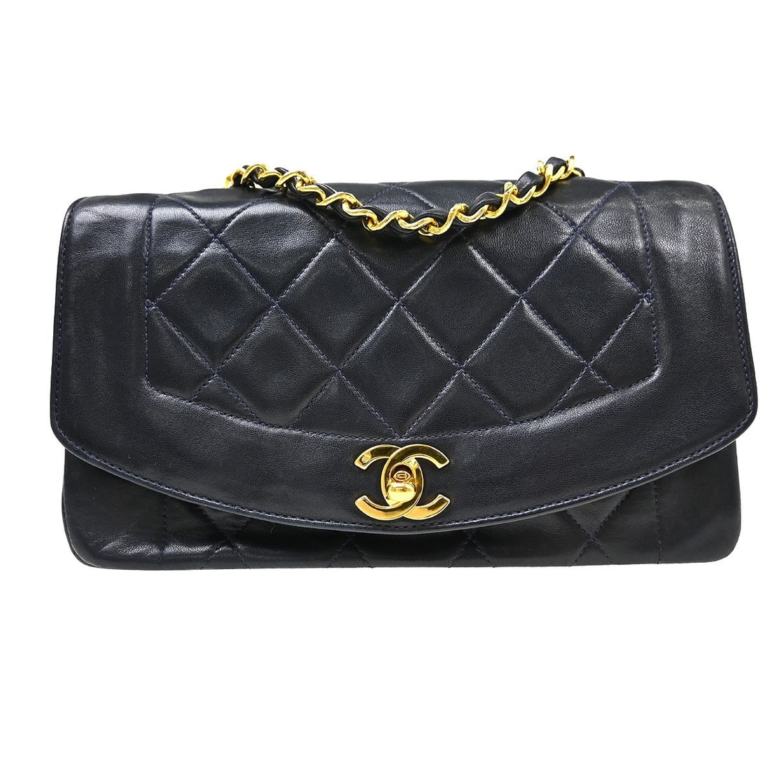 CHANEL Diana Small Navy Lambskin Shoulder Bag: CHANEL Diana Small Navy Lambskin Shoulder Bag Chanel Small Diana shoulder bag in navy lambskin with a shoulder strap and canvas lining. This women's bag features interior pockets and includes the seri