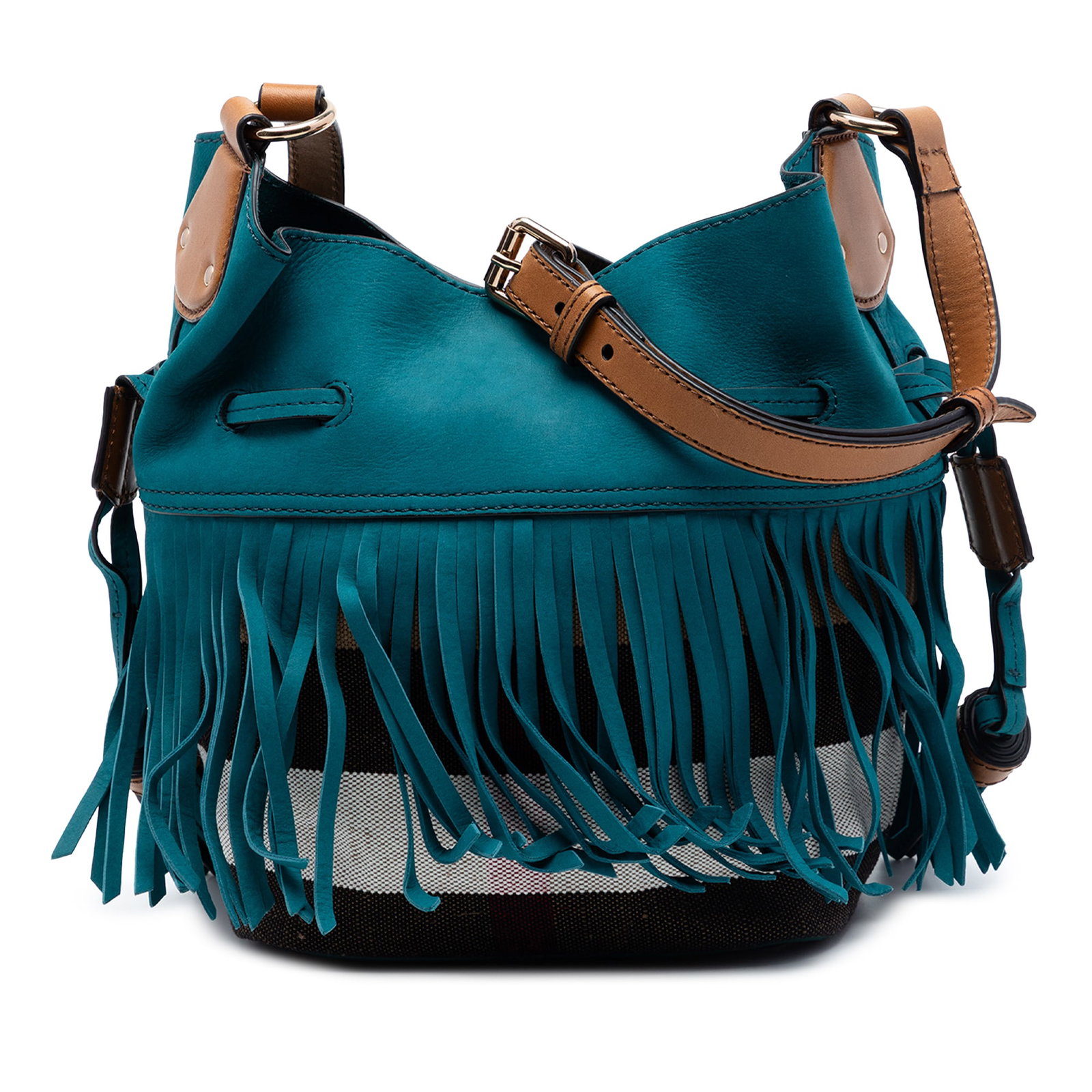 Burberry Belgrove Bucket Bag Blue Mega Check Canvas Suede Fringe: Burberry Belgrove Bucket Bag Blue Mega Check Canvas Suede Fringe Burberry Belgrove bucket bag crafted with a canvas and suede body and detailed with fringe. It features a flat leather strap and an ope