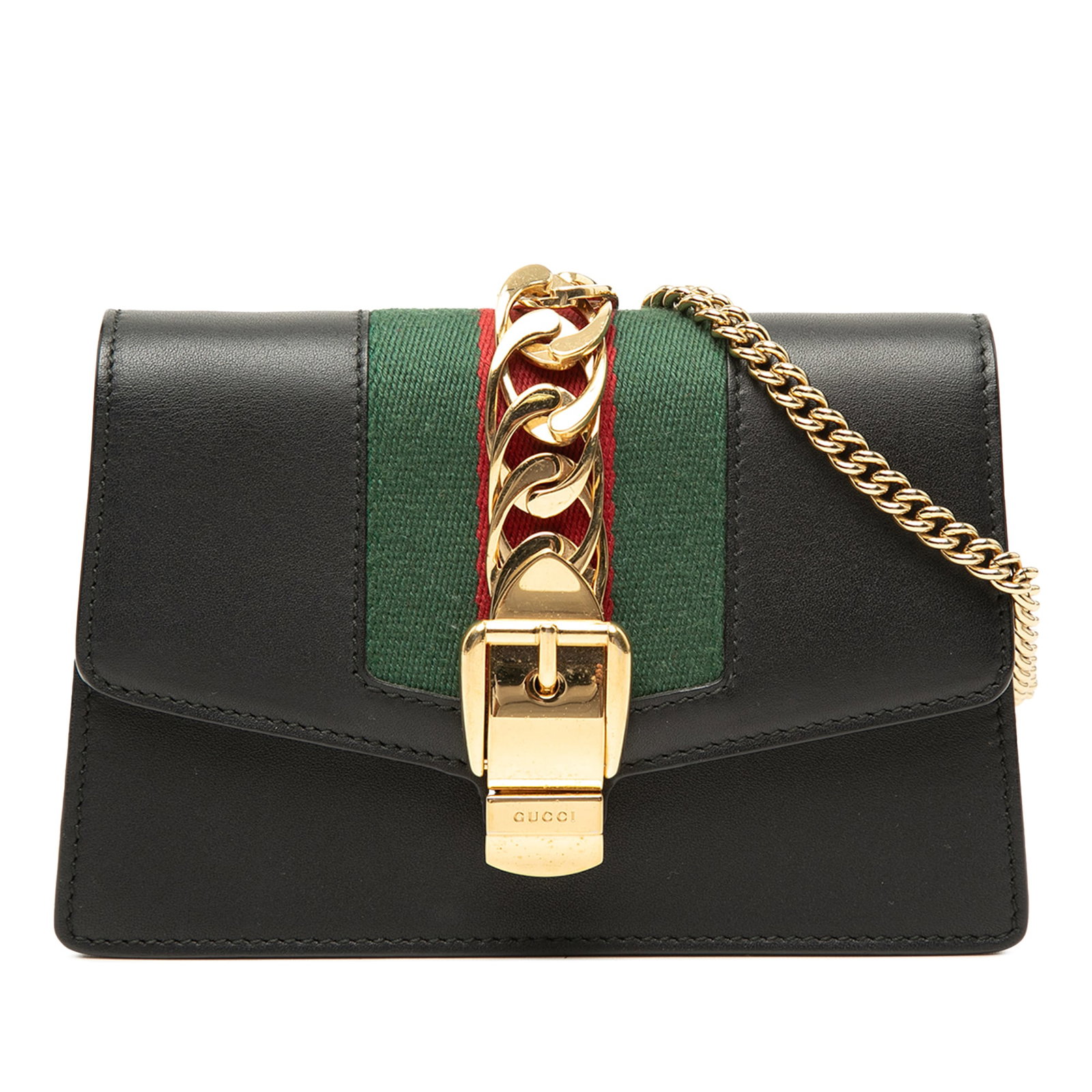 Gucci Sylvie Super Mini Leather Chain Crossbody Bag Black: Gucci Sylvie Super Mini Leather Chain Crossbody Bag Black Gucci Super Mini Calfskin Web Sylvie Chain Crossbody bag in black leather, made in Italy. It features a gold tone chain link strap, a front fl