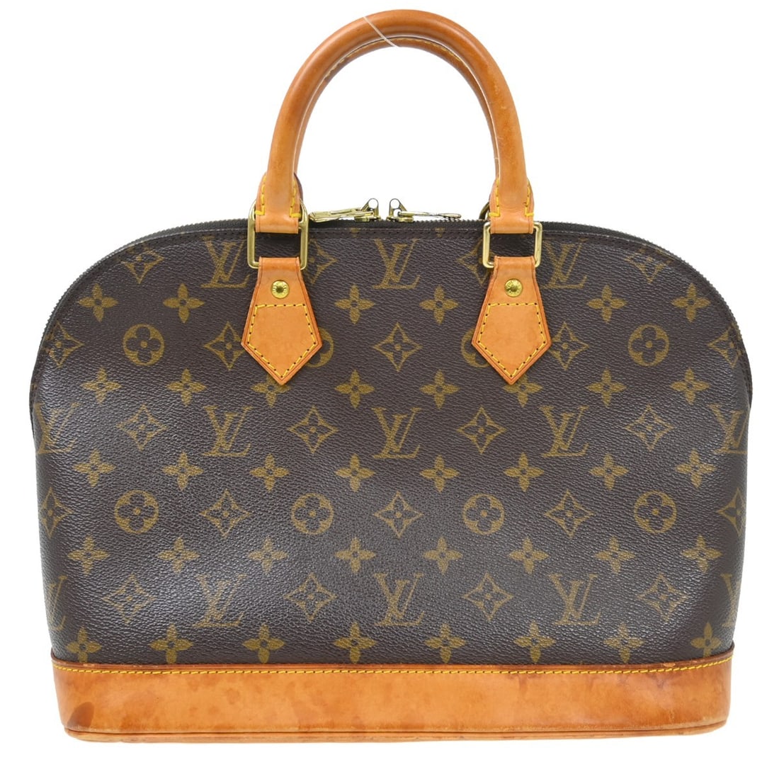 Louis Vuitton Alma Monogram Canvas Handbag M51130 France: Louis Vuitton Alma Monogram Canvas Handbag M51130 France Vintage Louis Vuitton Alma handbag in Monogram canvas with leather trim and double handles. This medium handbag features a zip closure, brown e