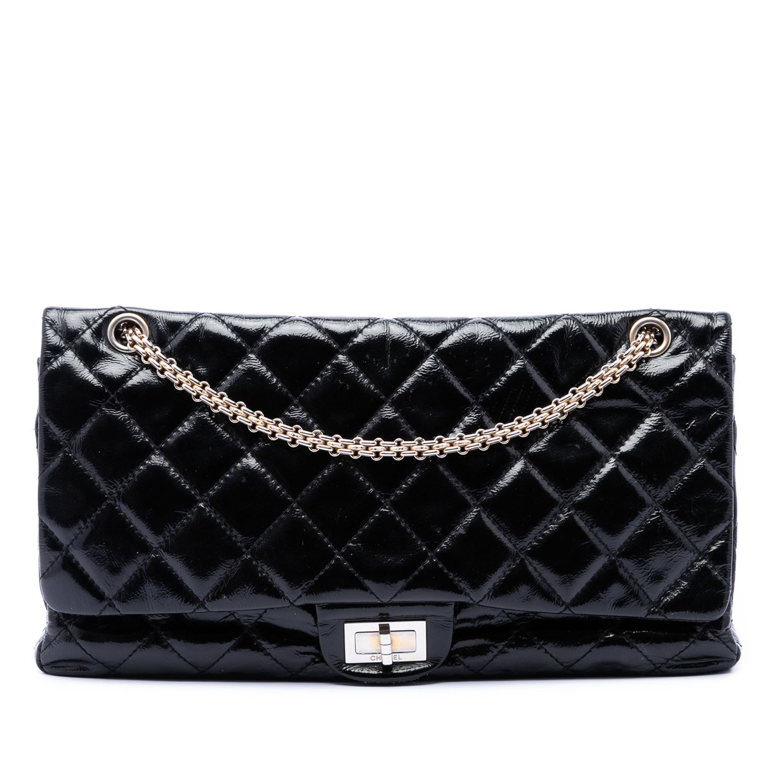 Chanel Reissue 2.55 227 shoulder bag in black crinkled patent leather: Chanel Reissue 2.55 227 shoulder bag in black crinkled patent leather This Chanel shoulder bag is crafted in quilted crinkled patent leather with silver-tone chain straps. It features a front flap wit