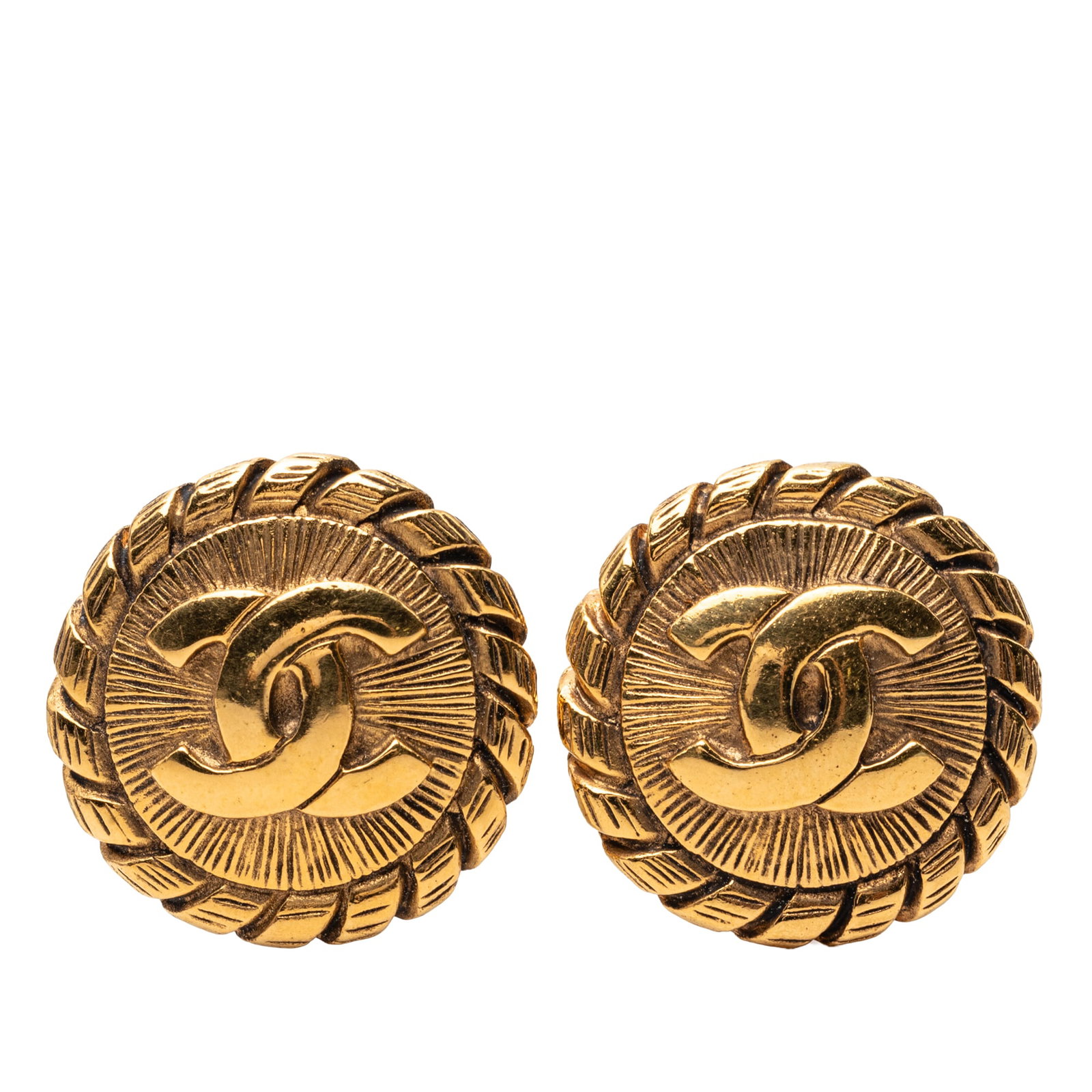 Chanel CC Round Clip On Earrings Gold Plated Sunburst: Chanel CC Round Clip On Earrings Gold Plated Sunburst Chanel CC Gold Plated Sunburst Round Clip On Earrings in gold plated metal with back clip-on closures. Made in France and categorized as costume j