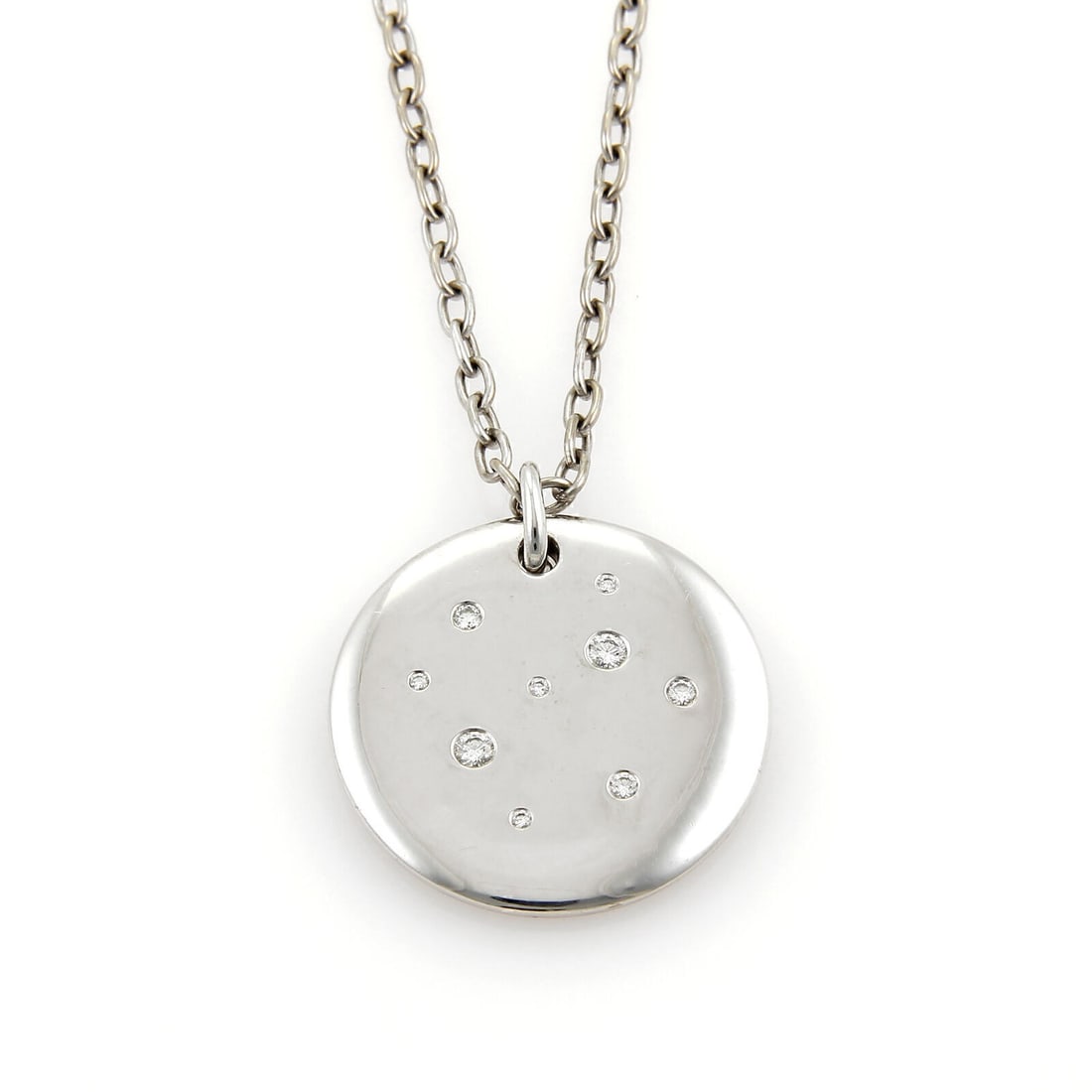 Tiffany & Co Etoile 18k White Gold Round Disc Diamond Pendant Necklace 24": Tiffany & Co Etoile 18k White Gold Round Disc Diamond Pendant Necklace 24" Tiffany & Co. Etoile round disc pendant necklace in 18k white gold, featuring a polished round disc pendant accented with nin