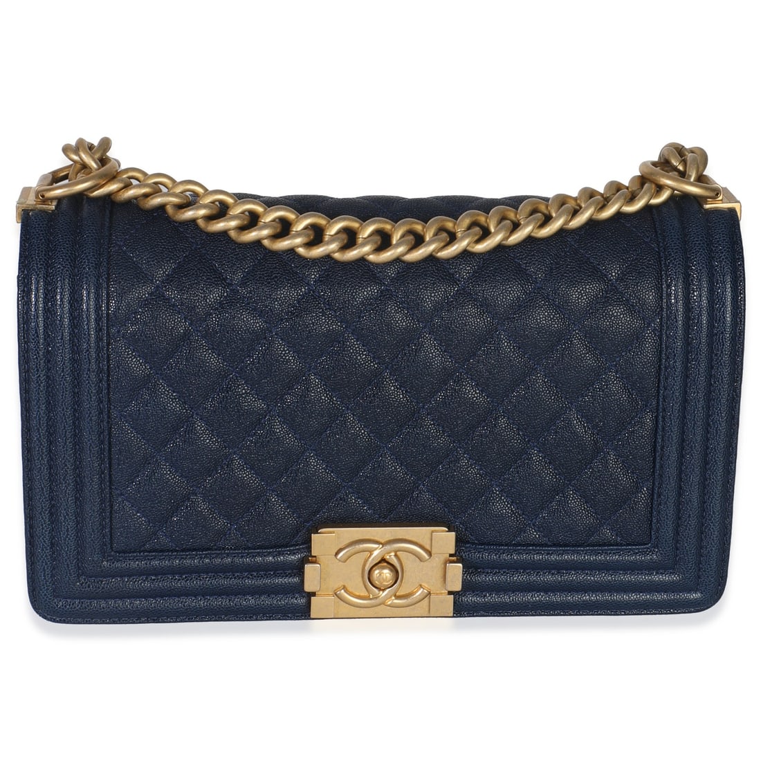 Navy Quilted Leather Old Medium Boy Crossbody by Chanel: Navy Quilted Leather Old Medium Boy Crossbody by Chanel This Chanel Old Medium Boy handbag features a navy quilted caviar leather exterior with a blue fabric lining. The bag is designed with a gold-to