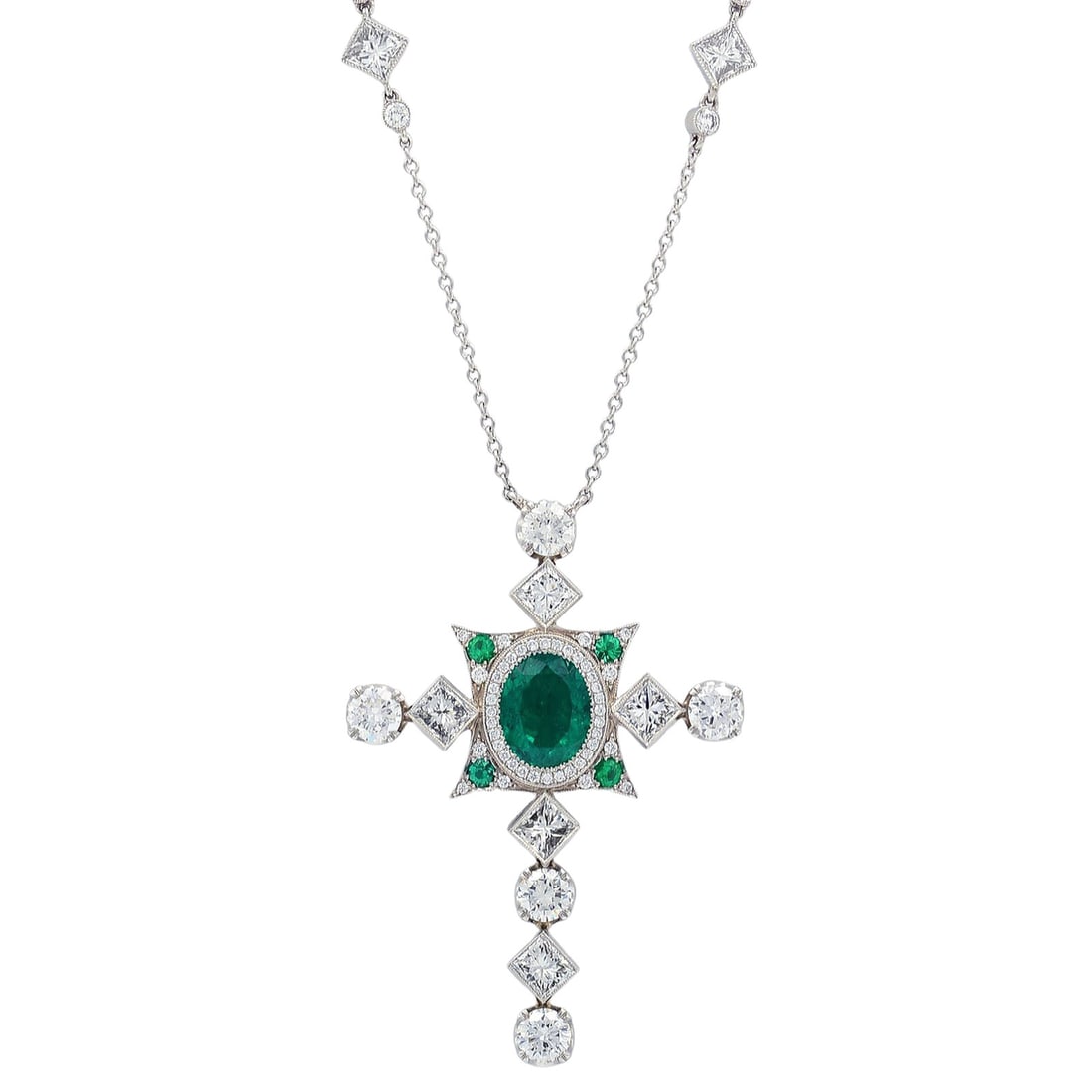 Rachel Koen Colombian Emerald Diamond Cross Pendant Necklace in Platinum: Rachel Koen Colombian Emerald Diamond Cross Pendant Necklace in Platinum This exquisite Rachel Koen necklace showcases a stunning Colombian emerald and diamond cross pendant, elegantly crafted in plat