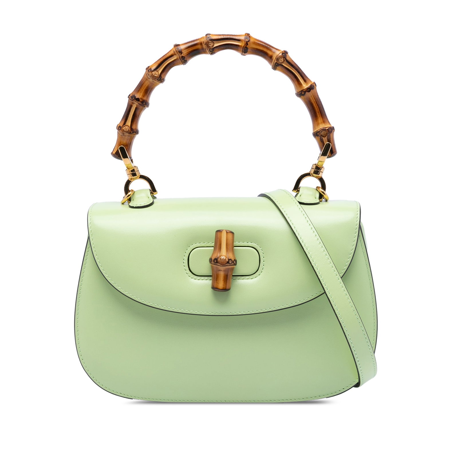 Gucci 1947 Bamboo Top Handle Satchel Green Leather: Gucci 1947 Bamboo Top Handle Satchel Green Leather This Gucci Small Calfskin 1947 Bamboo Top Handle Bag features a green leather body with a signature bamboo top handle. It includes a detachable flat 