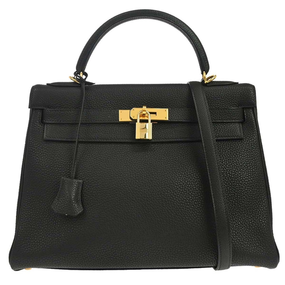 Hermes Kelly 32 Retourne Black Taurillon Clemence 2way Satchel: Hermes Kelly 32 Retourne Black Taurillon Clemence 2way Satchel Hermes Kelly 32 Retourne 2way handbag in black Taurillon Clemence leather with silver-tone hardware. It features a turn-lock flap closure
