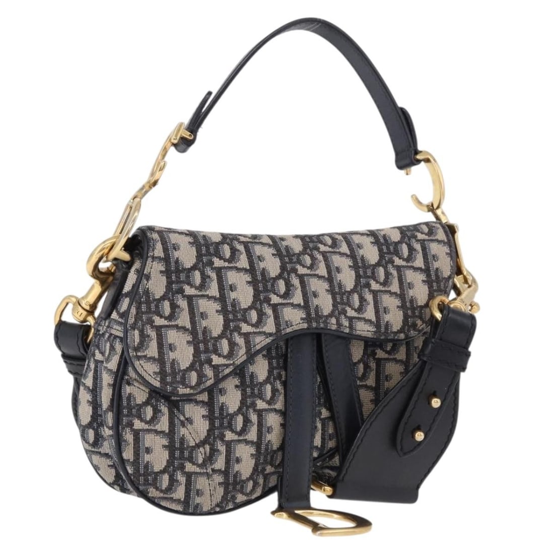 Christian Dior Saddle 2way Hand Bag Trotter Canvas Navy Gold Tone (1 of 18)