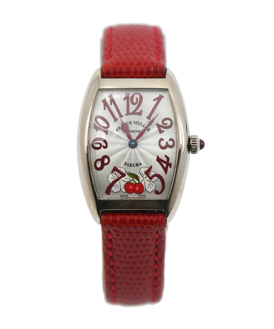 Franck Muller Sakura 1752QZ ladies white gold wristwatch with box papers: Franck Muller Sakura 1752QZ ladies white gold wristwatch with box papers Franck Muller Sakura women's wristwatch in 18K white gold with a polished case finish. It features a quartz movement, analog di