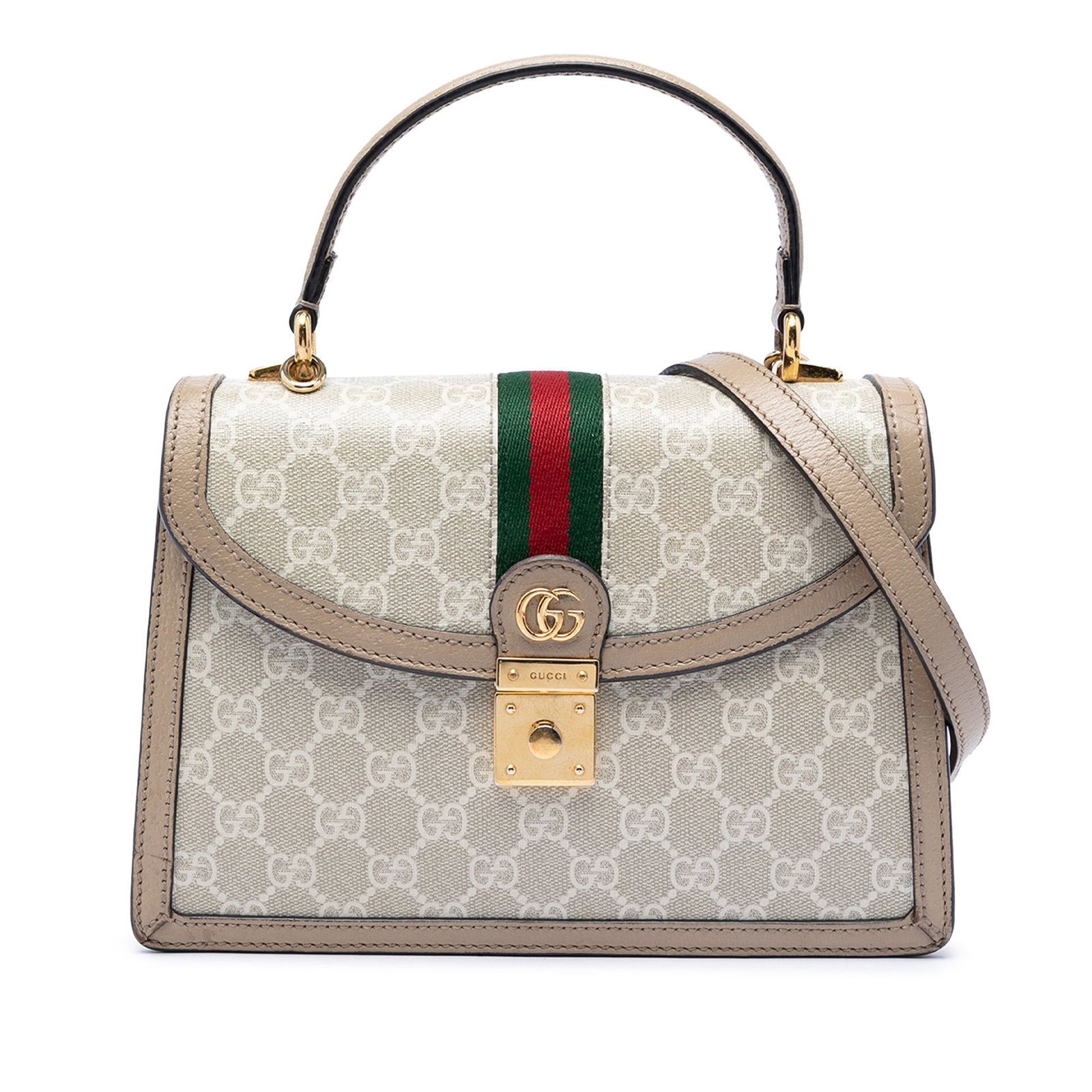 Gucci Ophidia Small Top Handle Flap Satchel GG Canvas Web: Gucci Ophidia Small Top Handle Flap Satchel GG Canvas Web A Gucci satchel from the Ophidia line, crafted with a canvas body and leather trim. It features a flat leather top handle, a detachable and ad