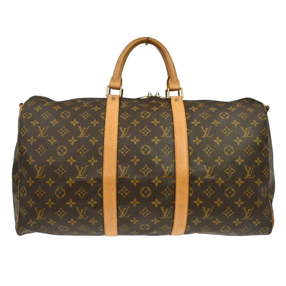 Louis Vuitton Keepall 50 Bandouliere Monogram Travel Bag M41416: Louis Vuitton Keepall 50 Bandouliere Monogram Travel Bag M41416 Vintage Louis Vuitton Keepall 50 Bandouliere handbag in brown Monogram canvas with leather handles and a zip closure. This large unisex 
