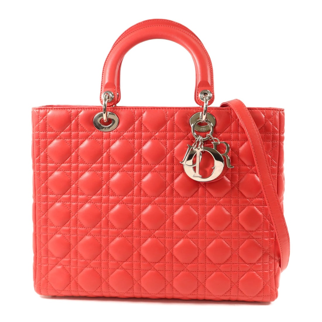 Dior Lady Dior Red Lambskin 2 Way Shoulder Bag CD SHW: Dior Lady Dior Red Lambskin 2 Way Shoulder Bag CD SHW A Christian Dior Lady Dior 2-way shoulder bag in red lambskin (sheep leather) with a structured silhouette. It features a top handle, a shoulder s