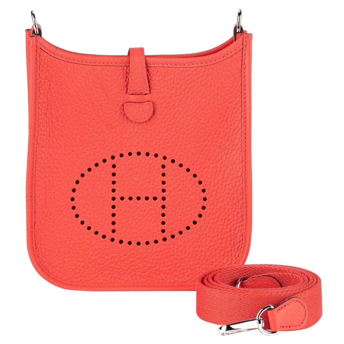 Hermes Mini Evelyne Rouge Pivoine Clemence Leather Crossbody Bag: Hermes Mini Evelyne Rouge Pivoine Clemence Leather Crossbody Bag Introducing the exquisite Hermes Mini Evelyne in Rouge Pivoine, crafted from luxurious clemence leather. This stylish crossbody bag fea