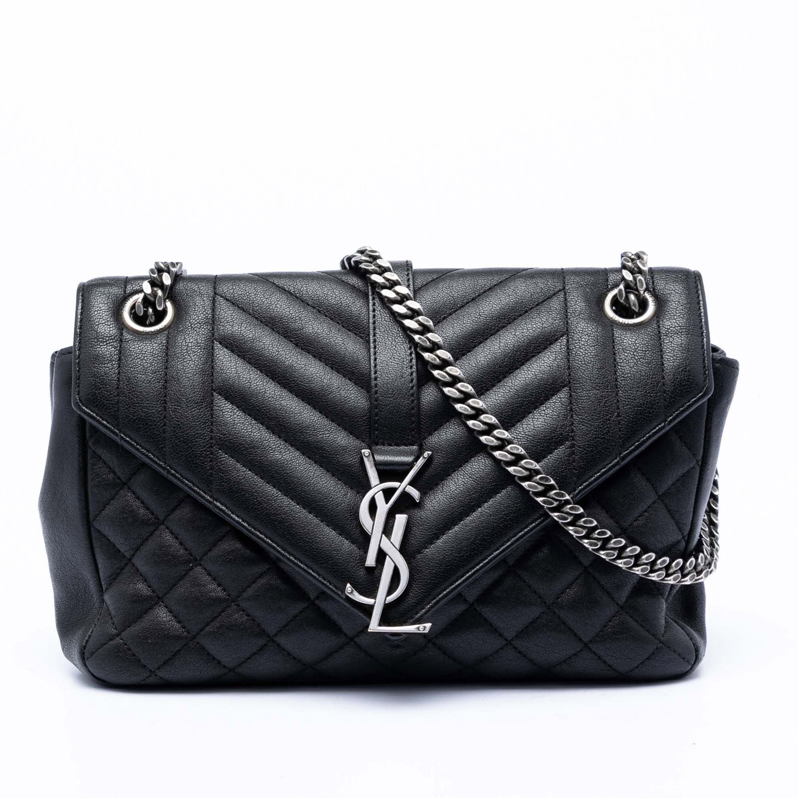 Saint Laurent black quilted leather College shoulder bag: Saint Laurent black quilted leather College shoulder bag This Saint Laurent Medium Sheepskin Triquilt Monogram College Bag is crafted in quilted leather and features chain link shoulder straps with a 
