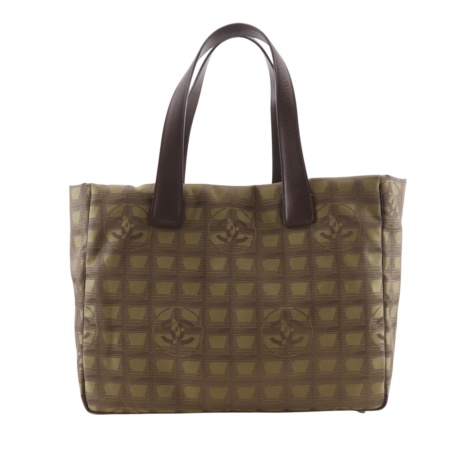 Chanel New Travel Line Brown Nylon Tote Bag: Chanel New Travel Line Brown Nylon Tote Bag Brown tote bag with a nylon body, leather trim, flat leather straps, an open top, and interior zip pockets. Origin: France. The item is in B+ condition with