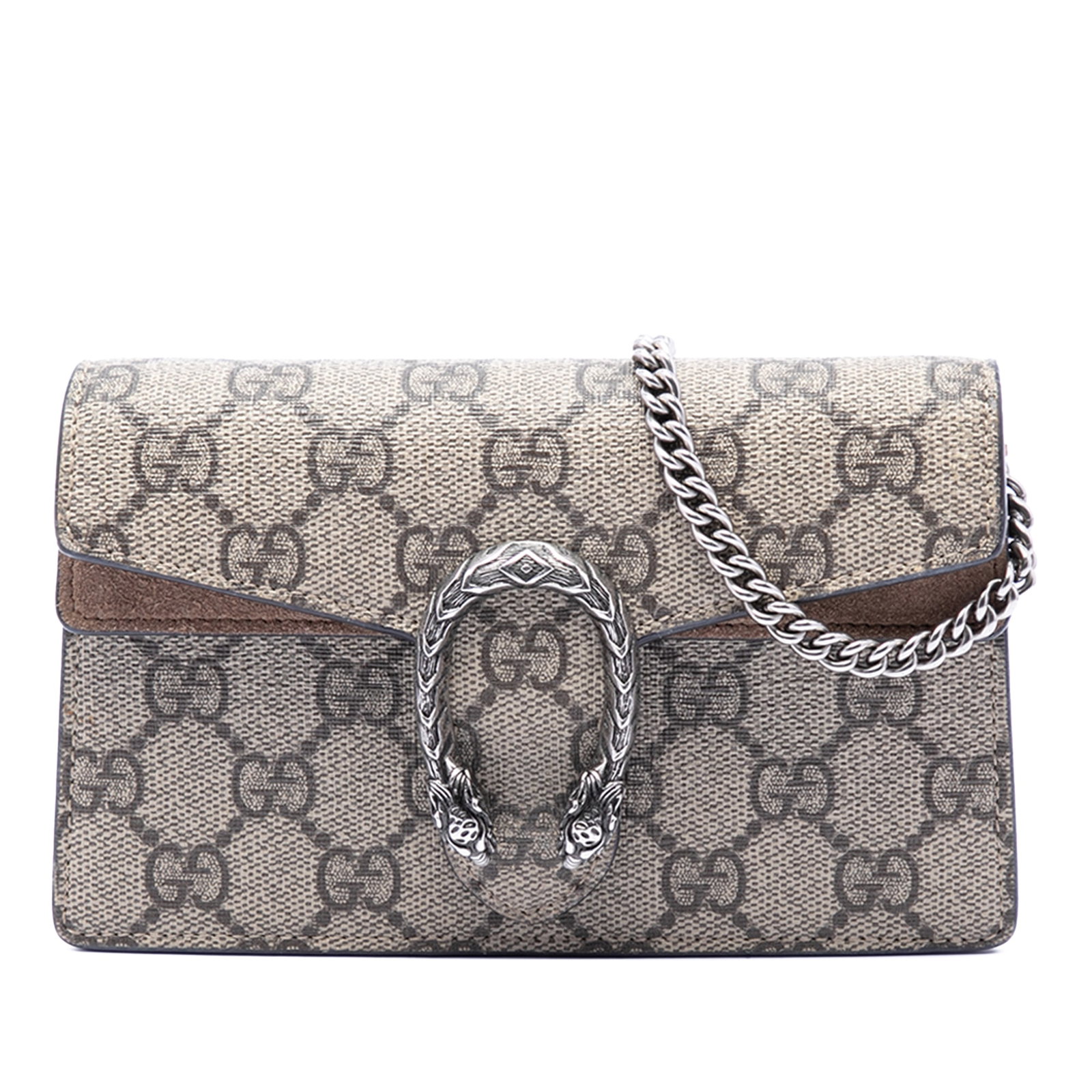 Gucci Dionysus Mini Crossbody Bag in GG Supreme Canvas: Gucci Dionysus Mini Crossbody Bag in GG Supreme Canvas A Gucci Mini GG Supreme Dionysus crossbody bag in beige, featuring a canvas body with suede leather trim, a silver-tone chain link strap, and a t