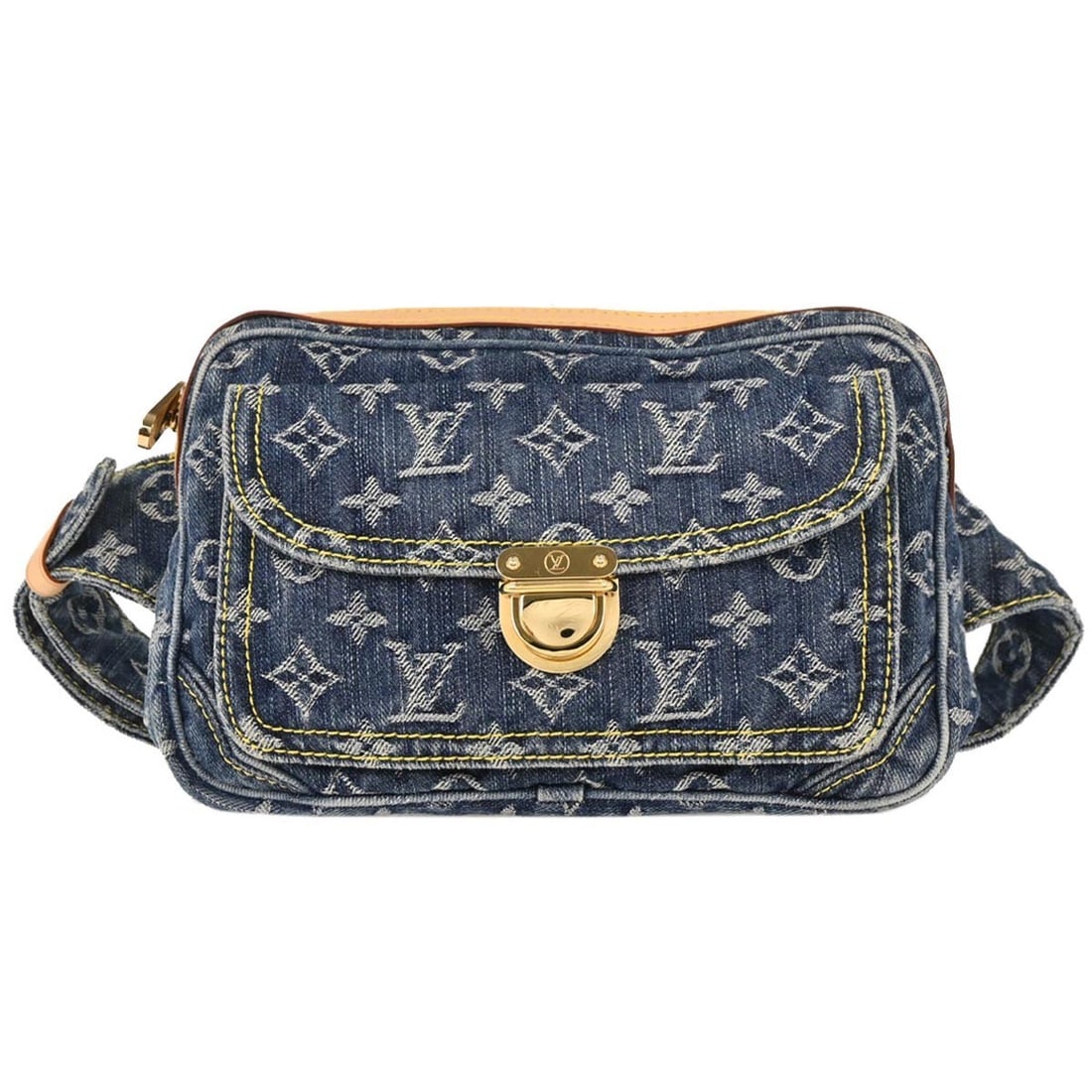 Louis Vuitton Monogram Denim waist bag blue M95347: Louis Vuitton Monogram Denim waist bag blue M95347 Louis Vuitton Monogram Denim bum bag in blue with a zip closure, adjustable waist strap, and multiple pockets. Crafted with a denim exterior, leather
