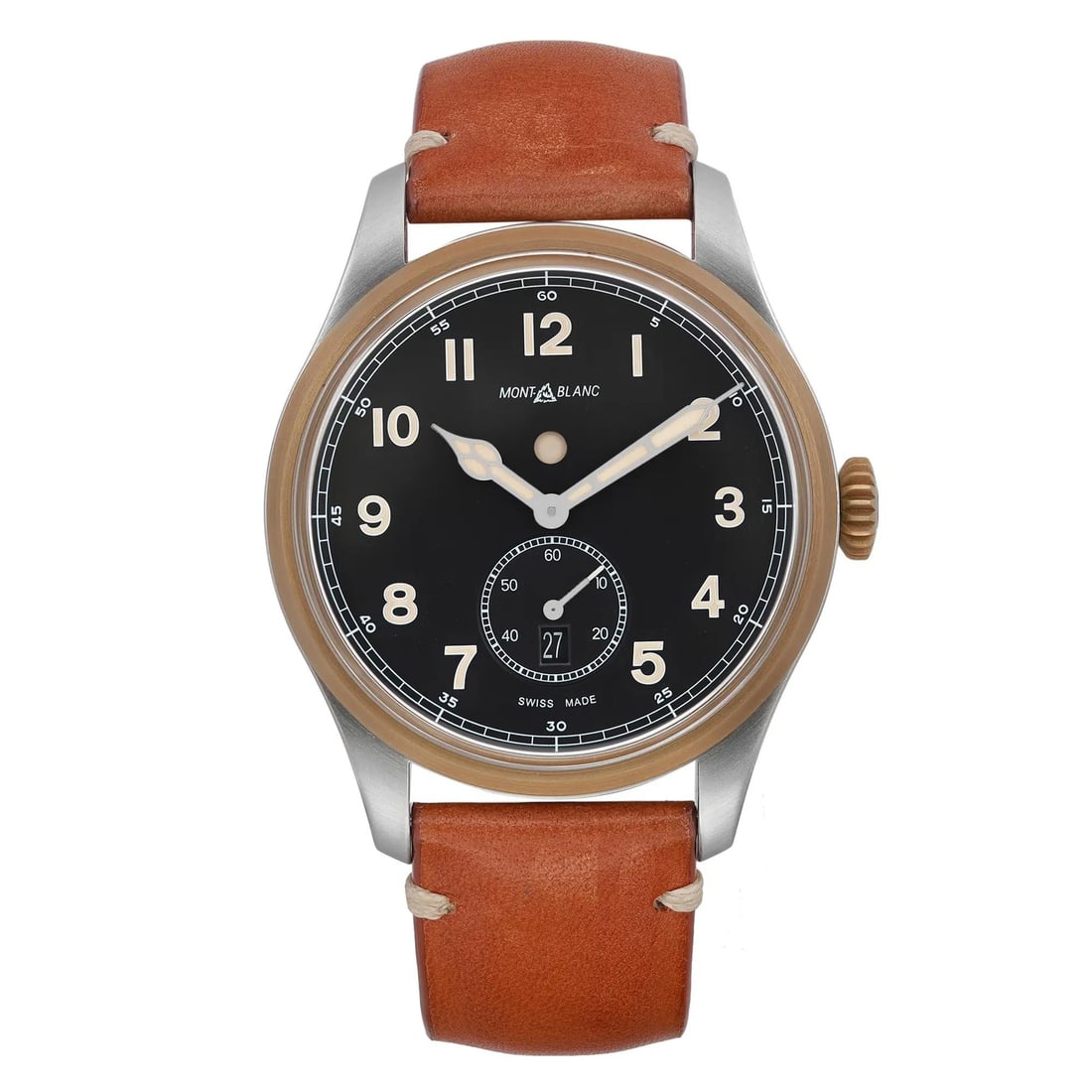 Montblanc 1858 Dual Time Automatic Steel 44mm Black Dial MB116479: Montblanc 1858 Dual Time Automatic Steel 44mm Black Dial MB116479 This Montblanc 1858 Dual Time wristwatch features a 44mm stainless steel case with a satin finish and a black analog dial accented by 