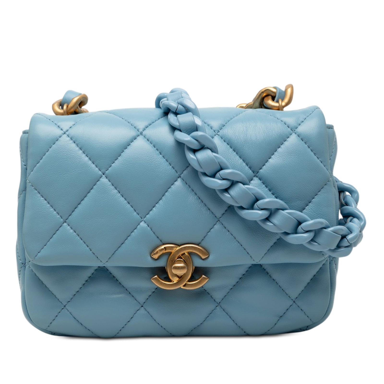 Chanel Mini Blue Quilted Lambskin Crossbody Flap Bag with Gold Chain: Chanel Mini Blue Quilted Lambskin Crossbody Flap Bag with Gold Chain This Chanel Mini Quilted Lambskin Lacquered Chain Flap bag features a luxurious lambskin leather body in blue, accented by a gold-t