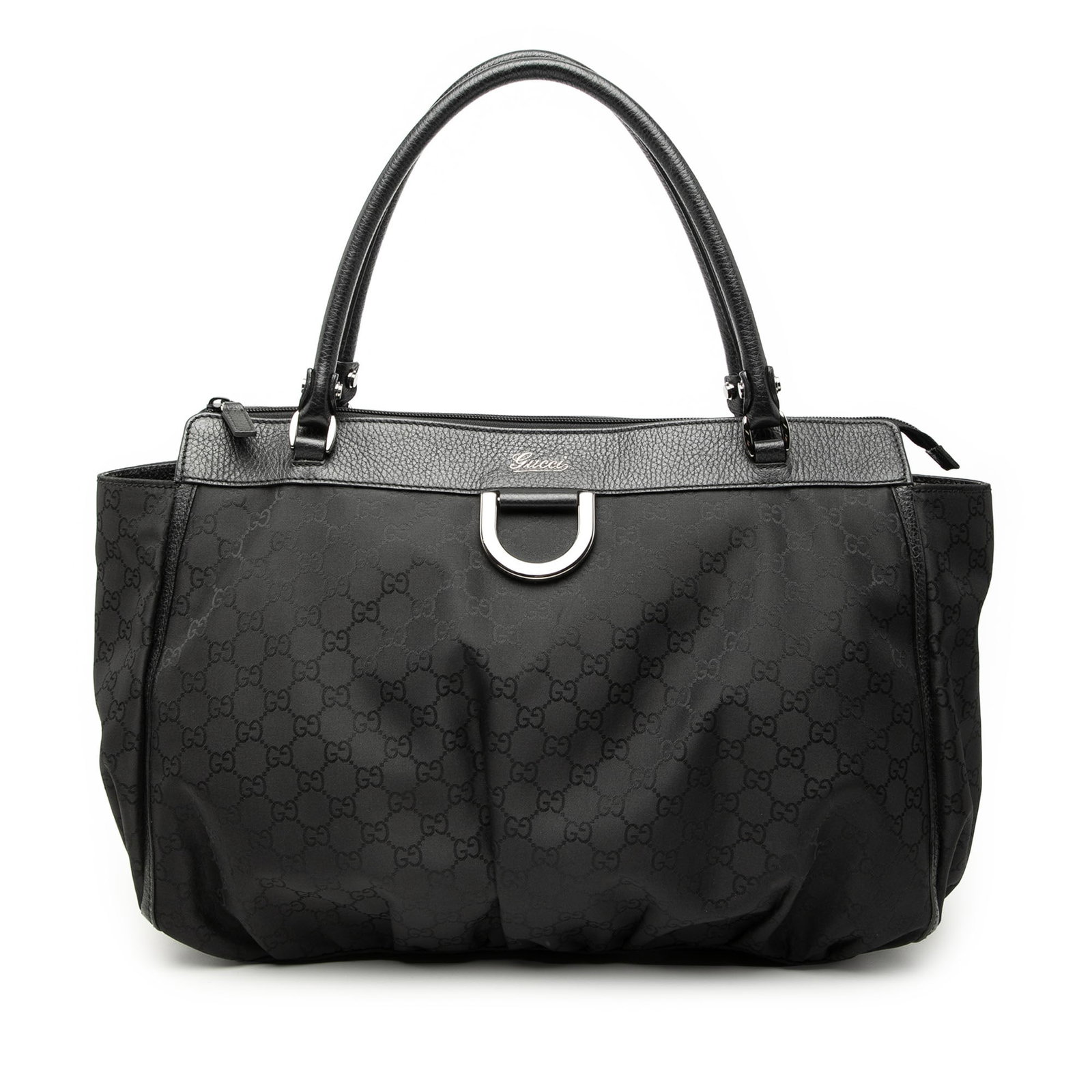 Gucci Abbey D-Ring Black Nylon Tote with Leather Trim: Gucci Abbey D-Ring Black Nylon Tote with Leather Trim This Gucci Large GG Nylon Abbey D Ring Tote features a black nylon body with leather trim, rolled leather straps, a top zip closure, and both inte