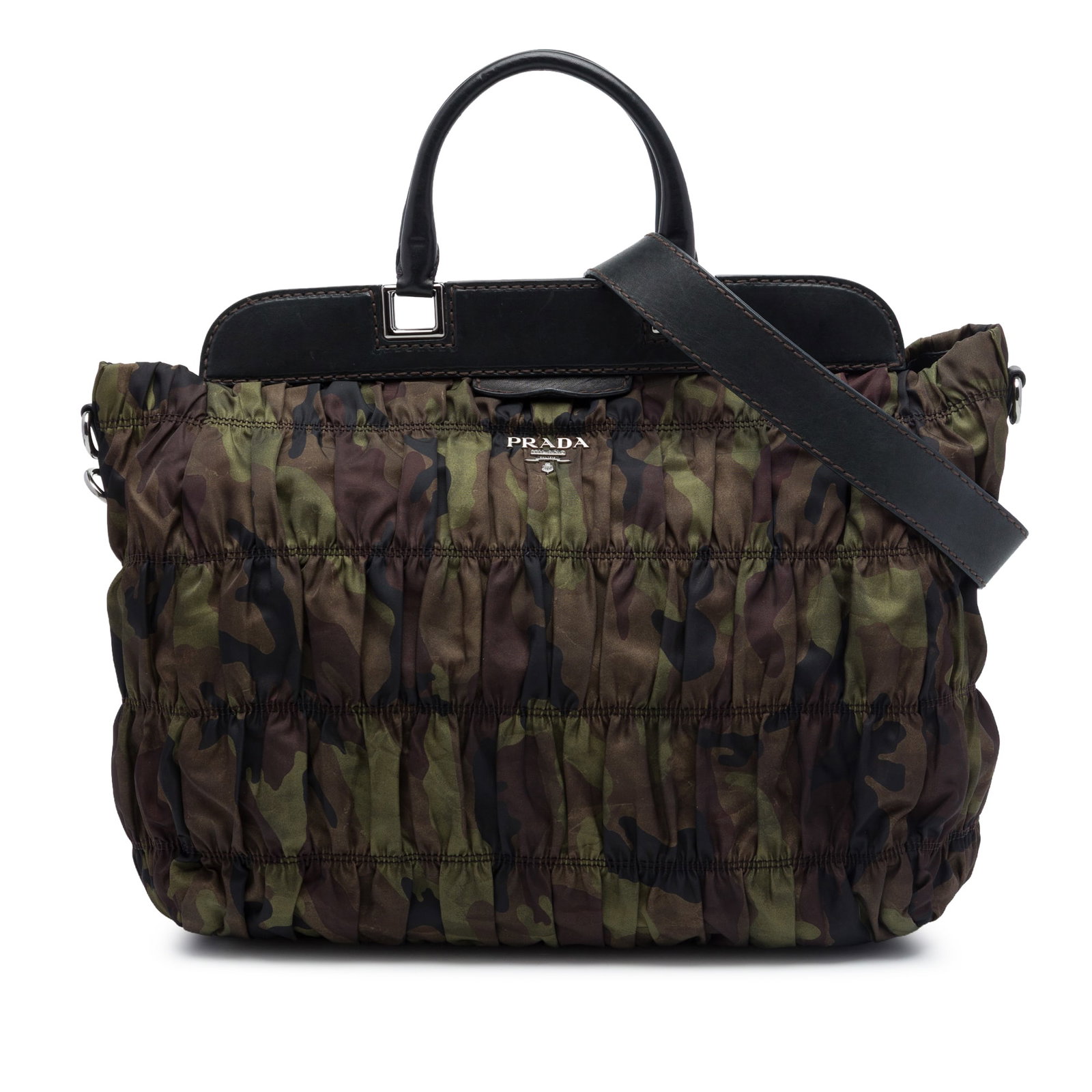 Prada Tessuto Gaufre Nylon Satchel with Frame Closure and Strap: Prada Tessuto Gaufre Nylon Satchel with Frame Closure and Strap A Prada Tessuto Gaufre Camouflage Frame Satchel in brown, made in Italy. It features a nylon body, rolled leather handles, a detachable 