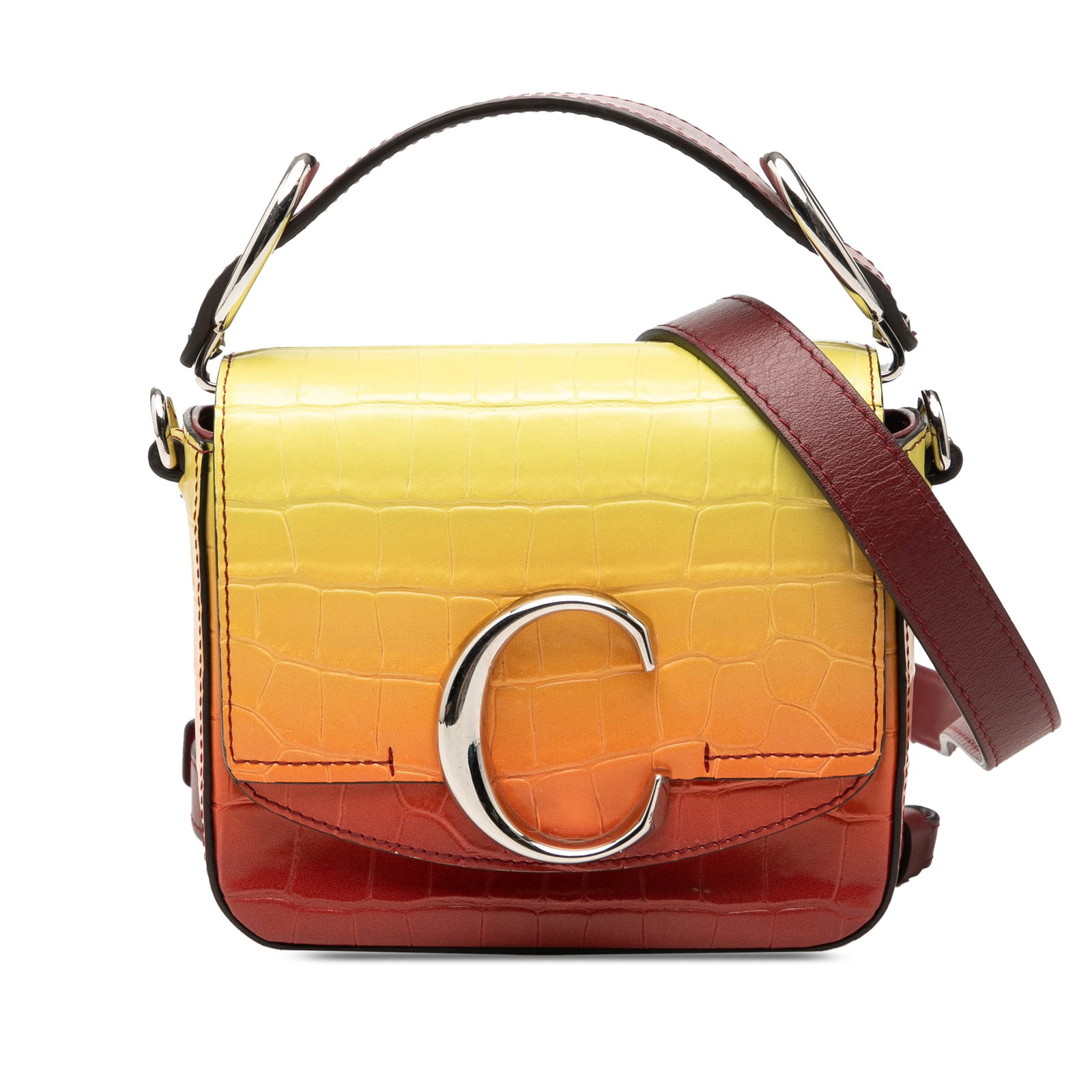 Chloe Mini C Satchel Yellow Croc Embossed Leather Crossbody: Chloe Mini C Satchel Yellow Croc Embossed Leather Crossbody This Chloe Mini C crossbody bag is crafted in embossed leather with an ombre croc-embossed finish. It features a flat leather top handle, a 