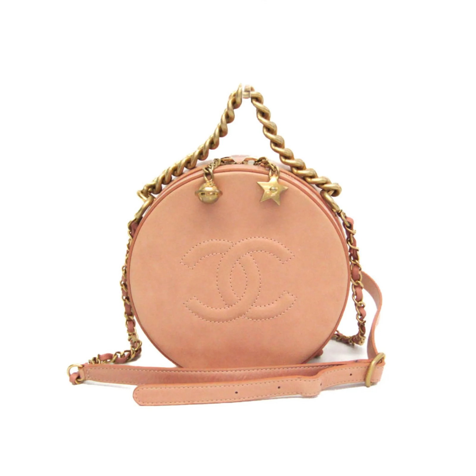 Chanel Round as Earth pink glazed calfskin crossbody bag: Chanel Round as Earth pink glazed calfskin crossbody bag This Chanel Round as Earth Crossbody Bag features pink glazed calfskin leather and a compact, circular design. Crafted in Italy, it is designed