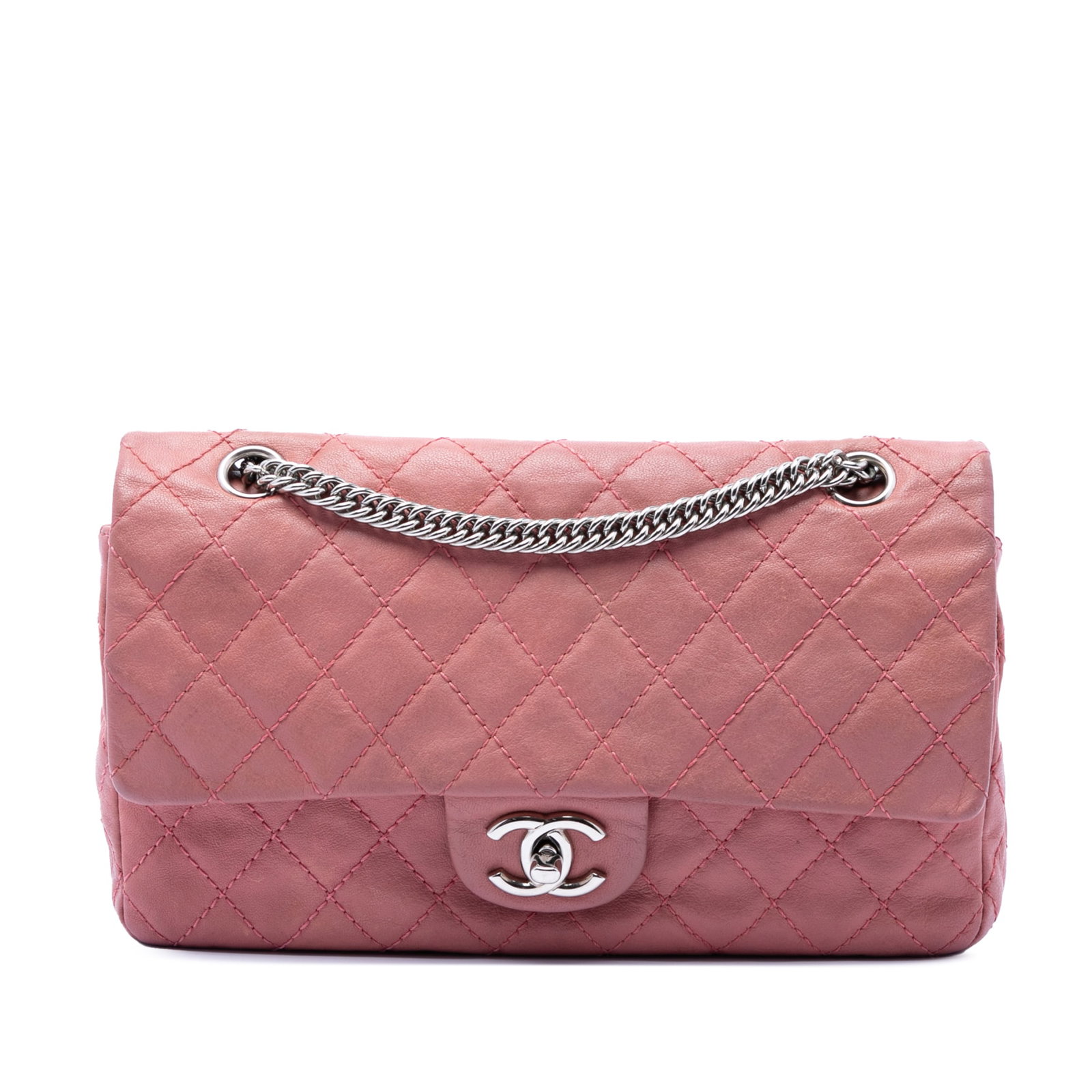 Chanel Medium Classic Double Flap Shoulder Bag Pink Lambskin: Chanel Medium Classic Double Flap Shoulder Bag Pink Lambskin Medium Classic Washed Lambskin Bijoux Chain Double Flap shoulder bag in pink quilted lambskin. This bag features curb chain link straps, do
