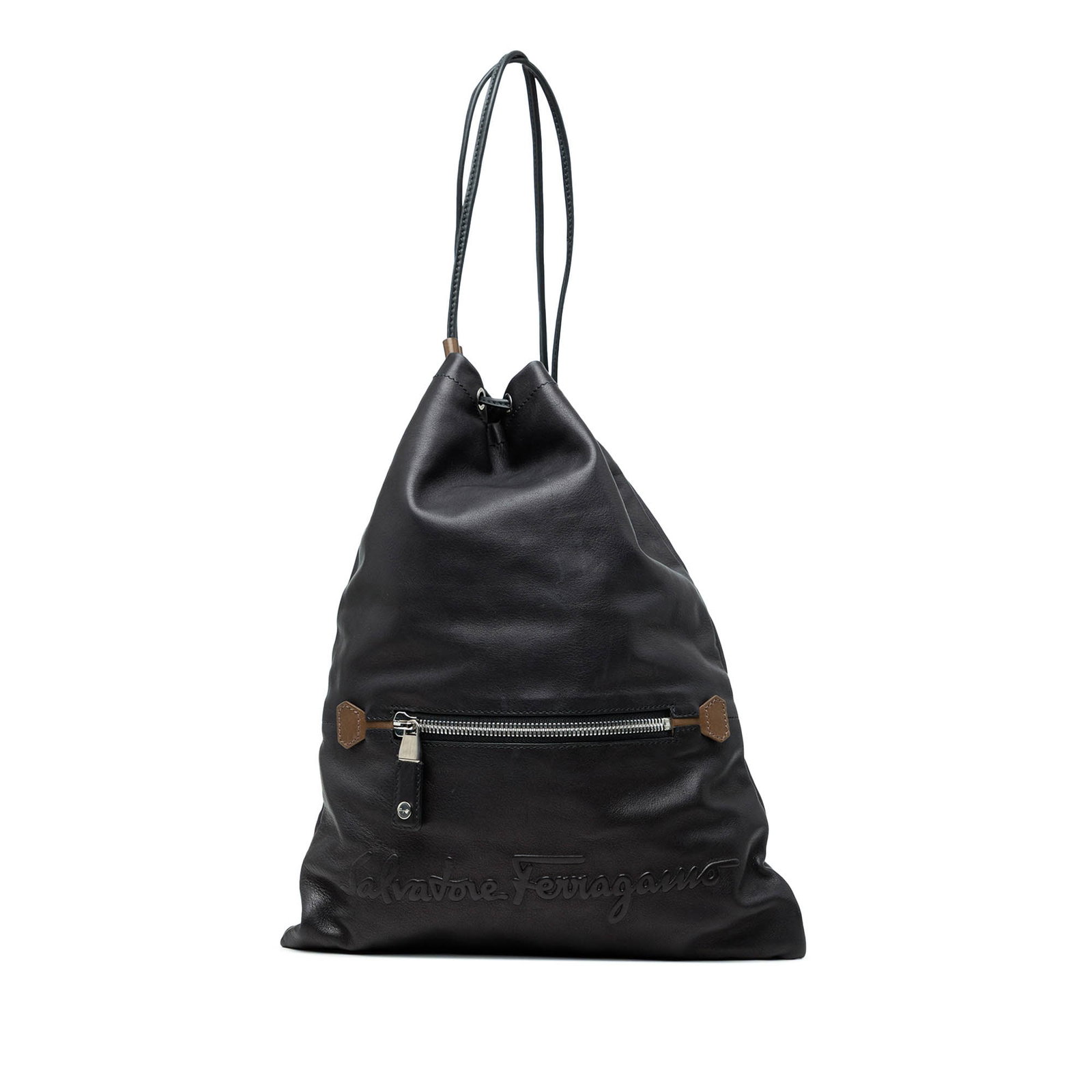 Ferragamo Kentucky Leather Backpack with Drawstring Front Zip Pocket: Ferragamo Kentucky Leather Backpack with Drawstring Front Zip Pocket Ferragamo Leather Kentucky Drawstring Backpack in black leather, made in Italy. This bag features an open top with drawstring closu
