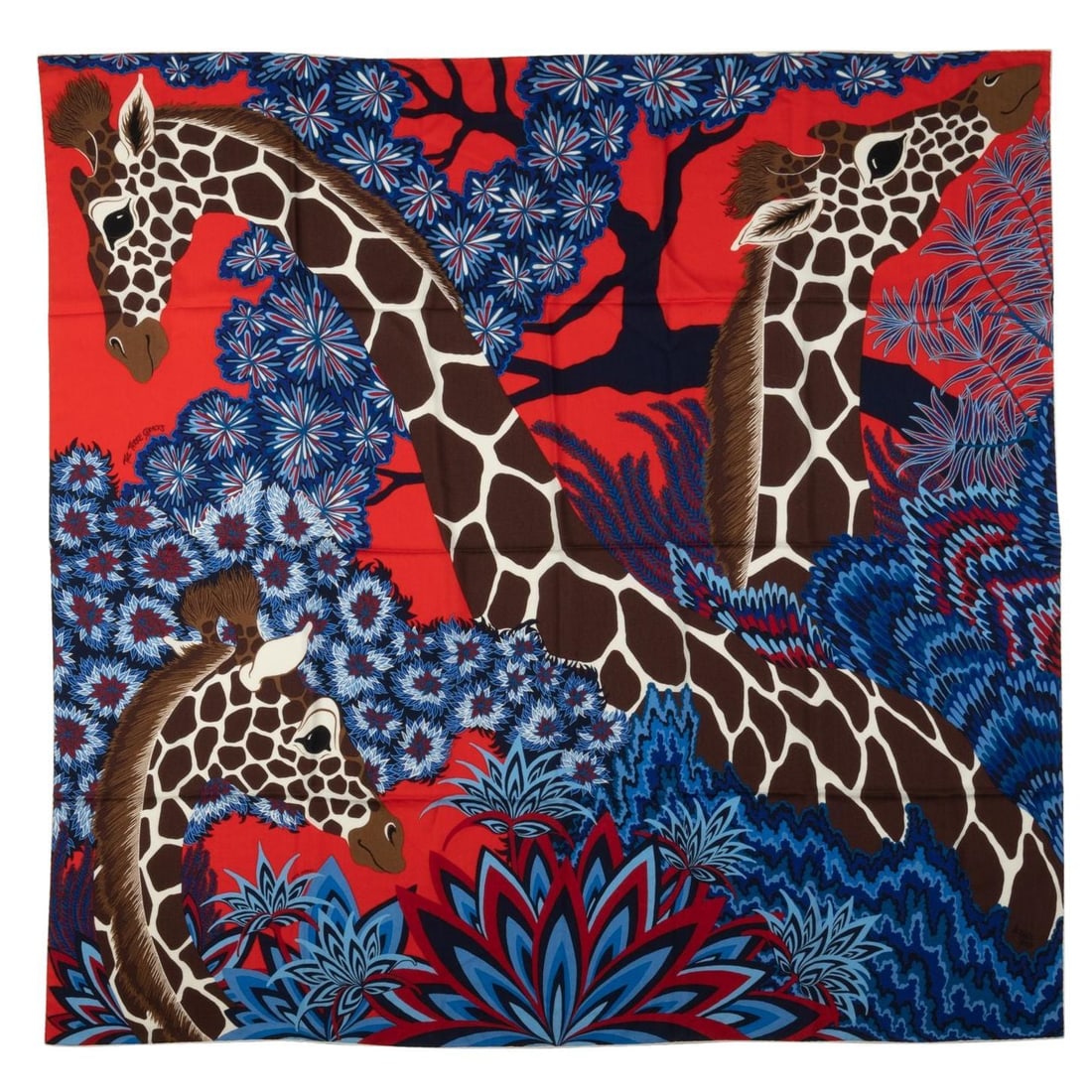 Hermes Three Graces Cashmere Silk Shawl Red Blue 54x54 (1 of 7)