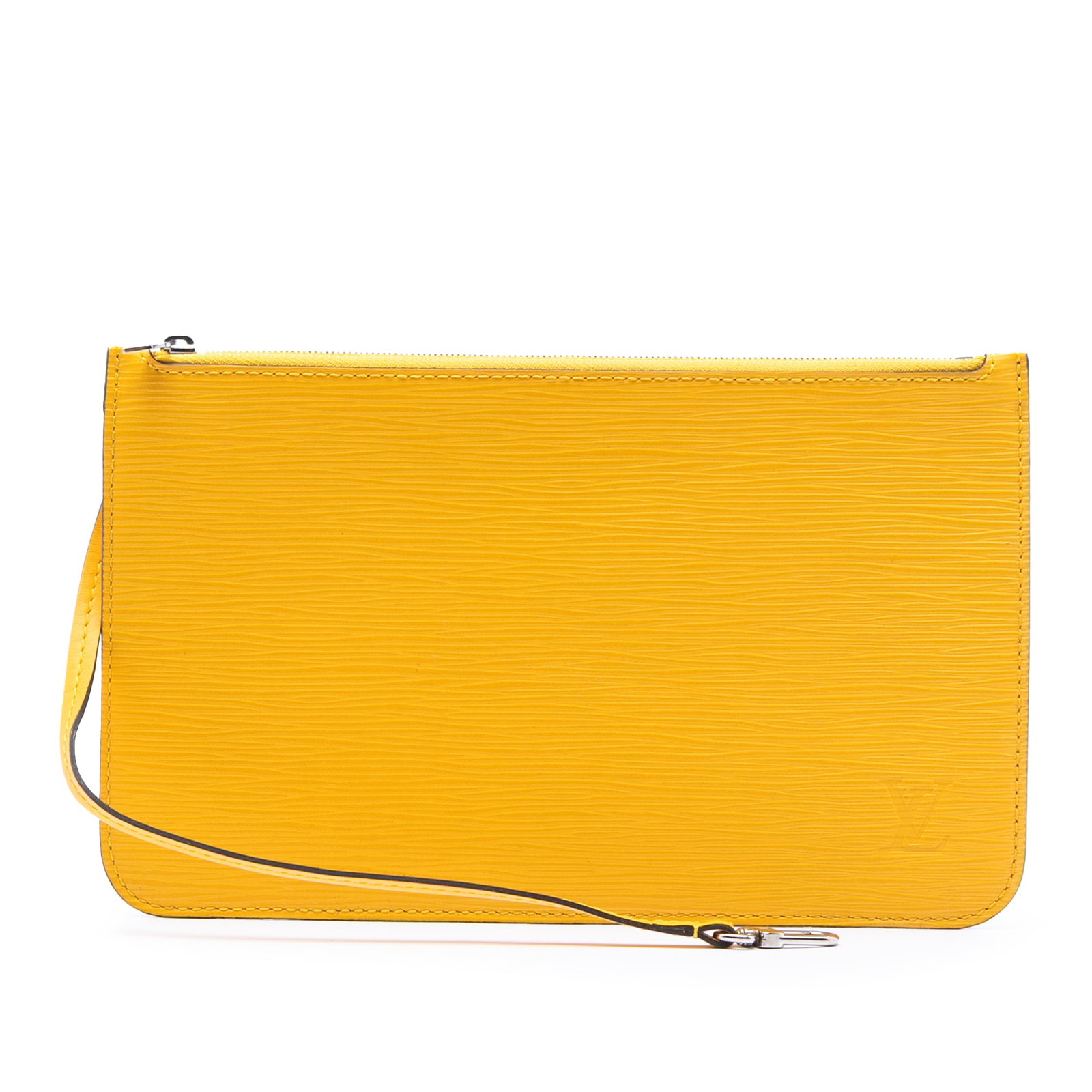 Yellow Epi Leather Neverfull Pouch by Louis Vuitton with Wrist Strap: Yellow Epi Leather Neverfull Pouch by Louis Vuitton with Wrist Strap This Louis Vuitton Epi Neverfull Pouch features a durable epi leather body in yellow, a detachable flat wrist strap, a top zip clos