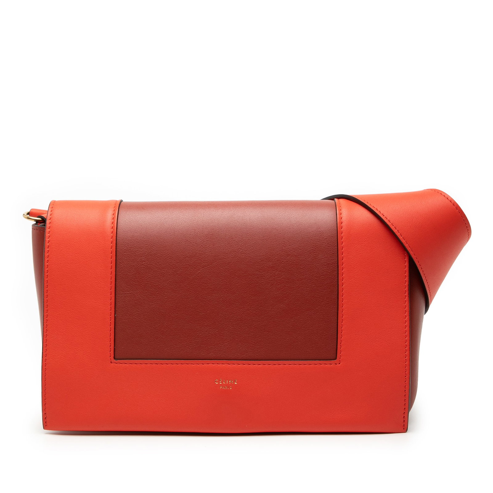 Celine Frame Red Leather Medium Shoulder Bag with Flap Closure: Celine Frame Red Leather Medium Shoulder Bag with Flap Closure This Celine Medium Shiny Smooth Calfskin Frame Shoulder Bag features a leather body in red, a flat leather shoulder strap, a front flap c