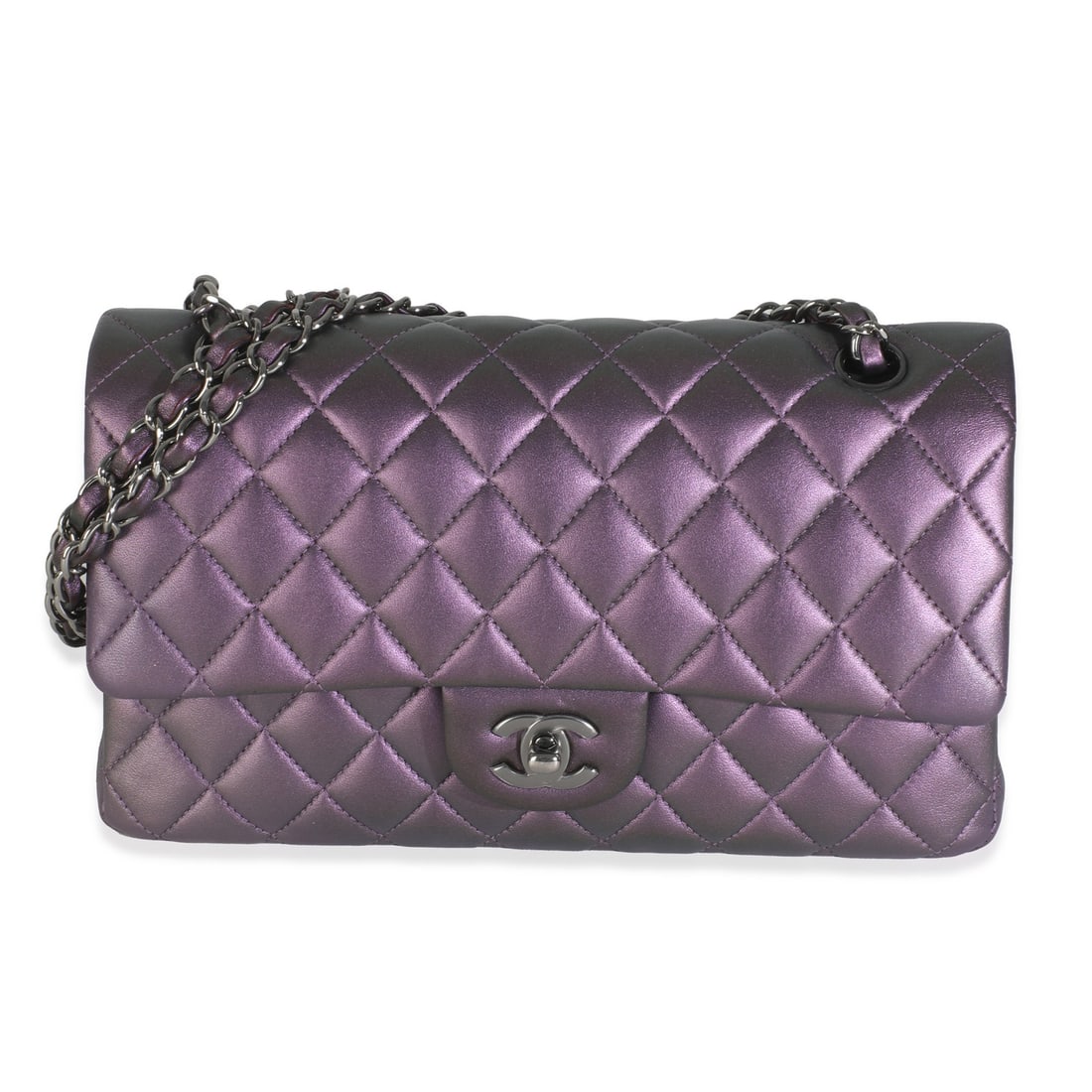 Chanel Medium Classic Double Flap Purple Quilted Lambskin Bag: Chanel Medium Classic Double Flap Purple Quilted Lambskin Bag This Chanel Medium Classic Double Flap Bag features a luxurious purple quilted iridescent lambskin leather exterior, complemented by silve
