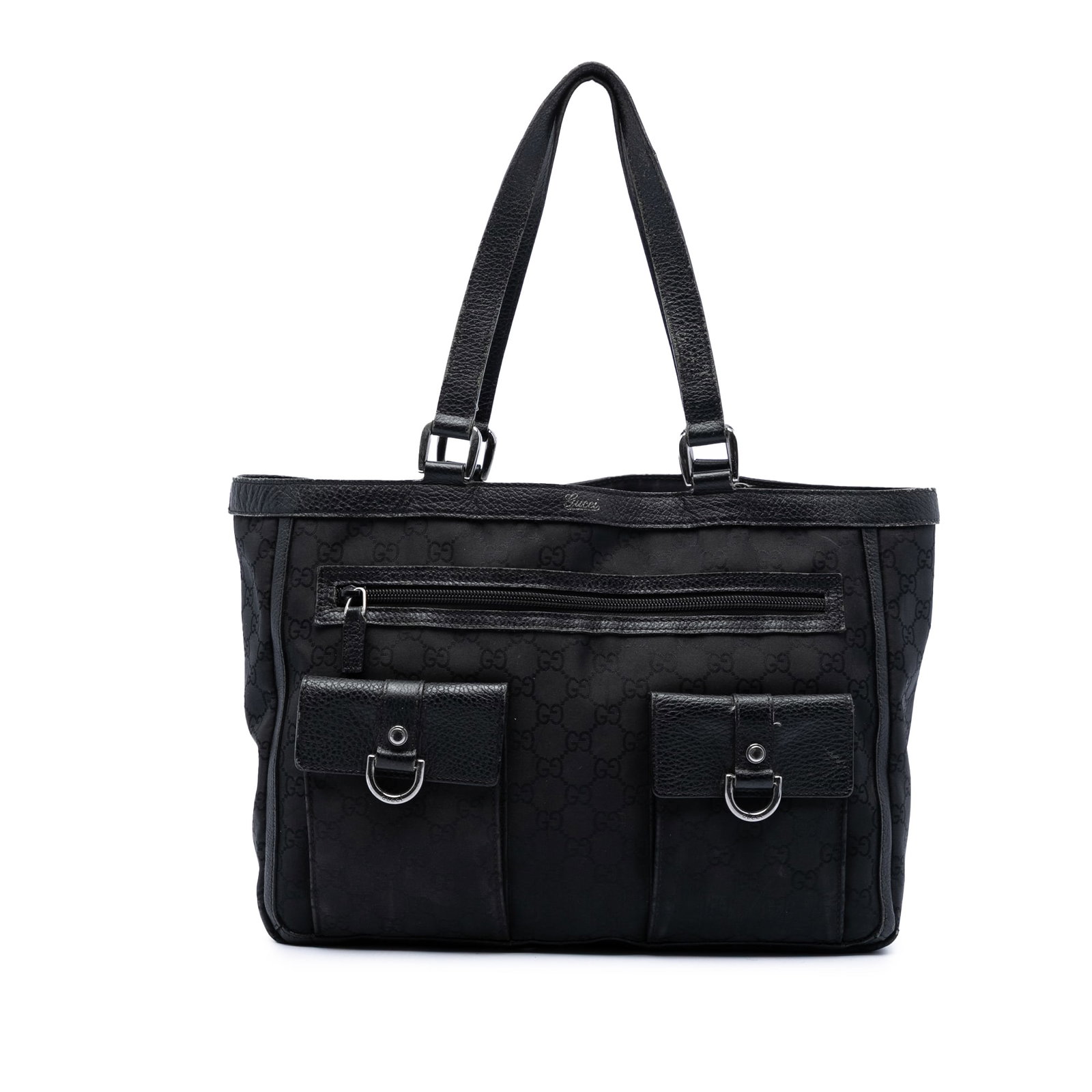 Gucci Abbey D Ring Pocket Tote in Black GG Canvas: Gucci Abbey D Ring Pocket Tote in Black GG Canvas Gucci Abbey D-Ring tote bag in black GG canvas with leather trim. This tote features flat leather straps, an open top with magnetic snap closure, exte