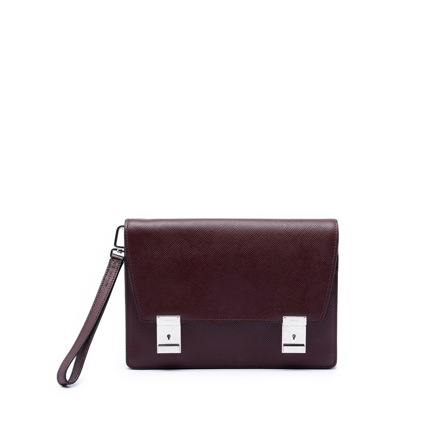 Prada Red Saffiano Leather Convertible Clutch: Prada Red Saffiano Leather Convertible Clutch This Prada Saffiano Double Lock Convertible Clutch is crafted from saffiano leather in a striking red color. It features a flat leather wrist strap, a fro
