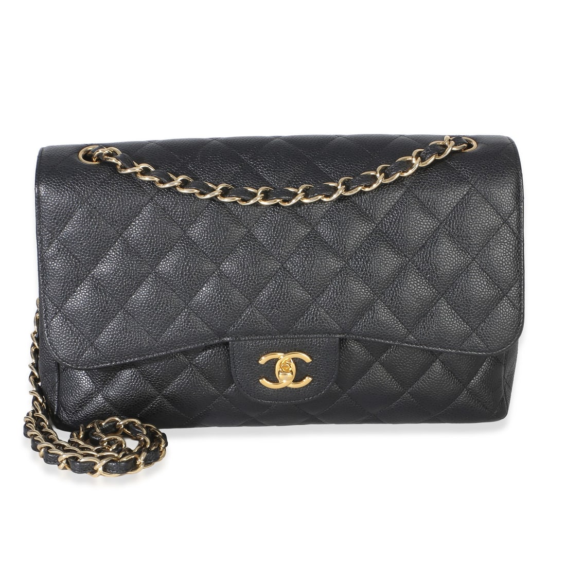Chanel Jumbo Double Flap Shoulder Bag Black Caviar Leather: Chanel Jumbo Double Flap Shoulder Bag Black Caviar Leather Pre-owned Chanel Jumbo Double Flap handbag in black quilted caviar leather. This unisex shoulder bag features a turnlock closure, red leather