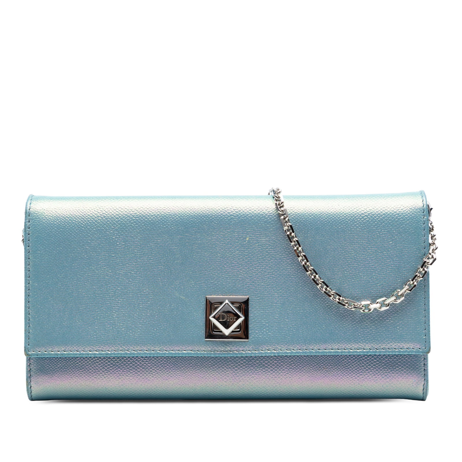 Dior Turn Me Wallet on Chain Iridescent Blue Calfskin Bag: Dior Turn Me Wallet on Chain Iridescent Blue Calfskin Bag Dior Iridescent Calfskin Turn Me Wallet On Chain in blue leather with a chain link shoulder strap and front flap turn lock closure. The interi