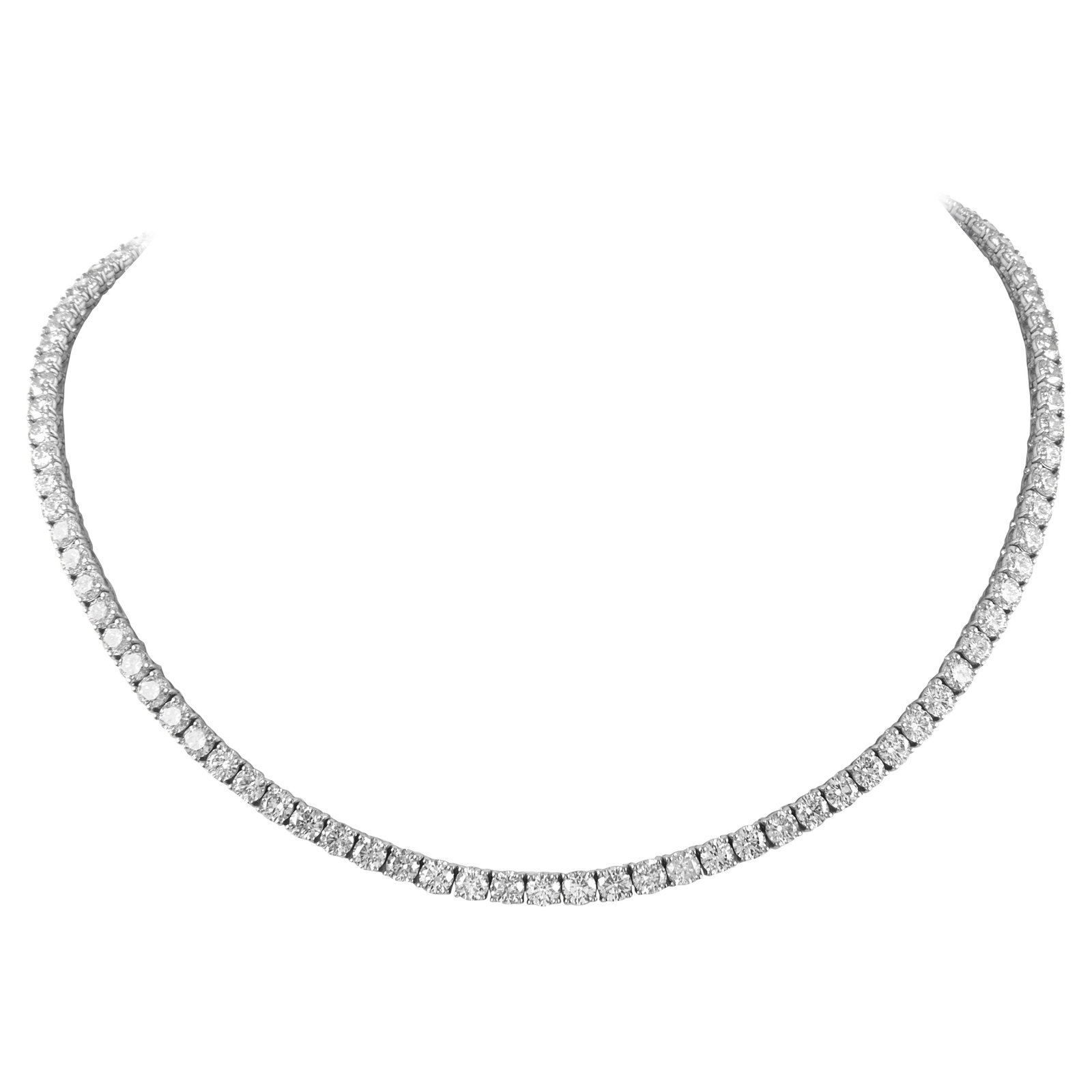 23.61ct Diamond Tennis Necklace 18k White Gold 16.5in: 23.61ct Diamond Tennis Necklace 18k White Gold 16.5in This exquisite tennis necklace features a stunning array of 100 round brilliant diamonds totaling 23.61 carats, set in luxurious 18k white gold. T