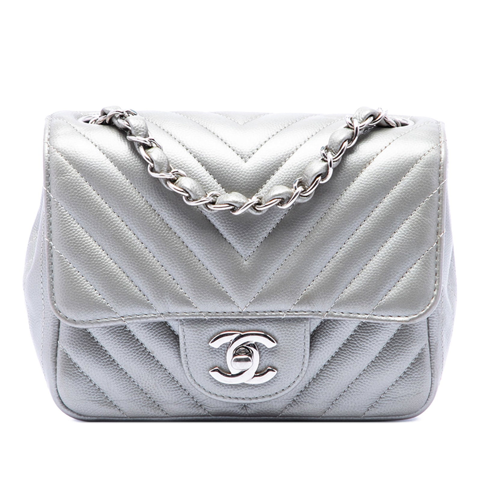 Chanel Mini Square Classic Flap Chevron Caviar Leather Bag: Chanel Mini Square Classic Flap Chevron Caviar Leather Bag Chanel Mini Square Classic Chevron Caviar Single Flap bag in silver, crafted in quilted caviar leather with a leather-woven chain strap. It f