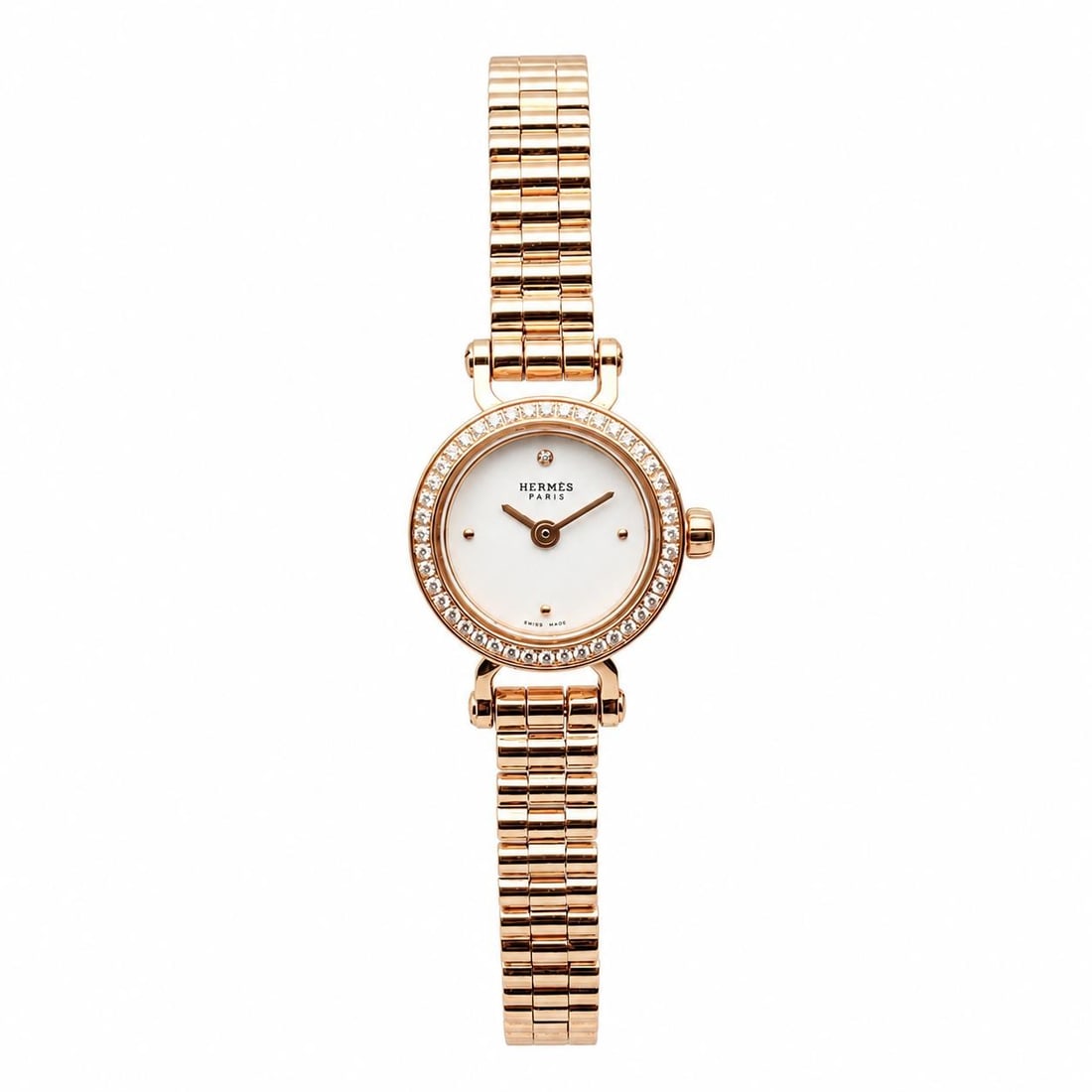 Rolex Faubourg Mini Rose Gold Ladies Quartz Watch White Dial 15mm: Rolex Faubourg Mini Rose Gold Ladies Quartz Watch White Dial 15mm This Hermes Faubourg Mini ladies watch features a 15mm polished rose gold case with a matching rose gold bracelet and fixed bezel. The