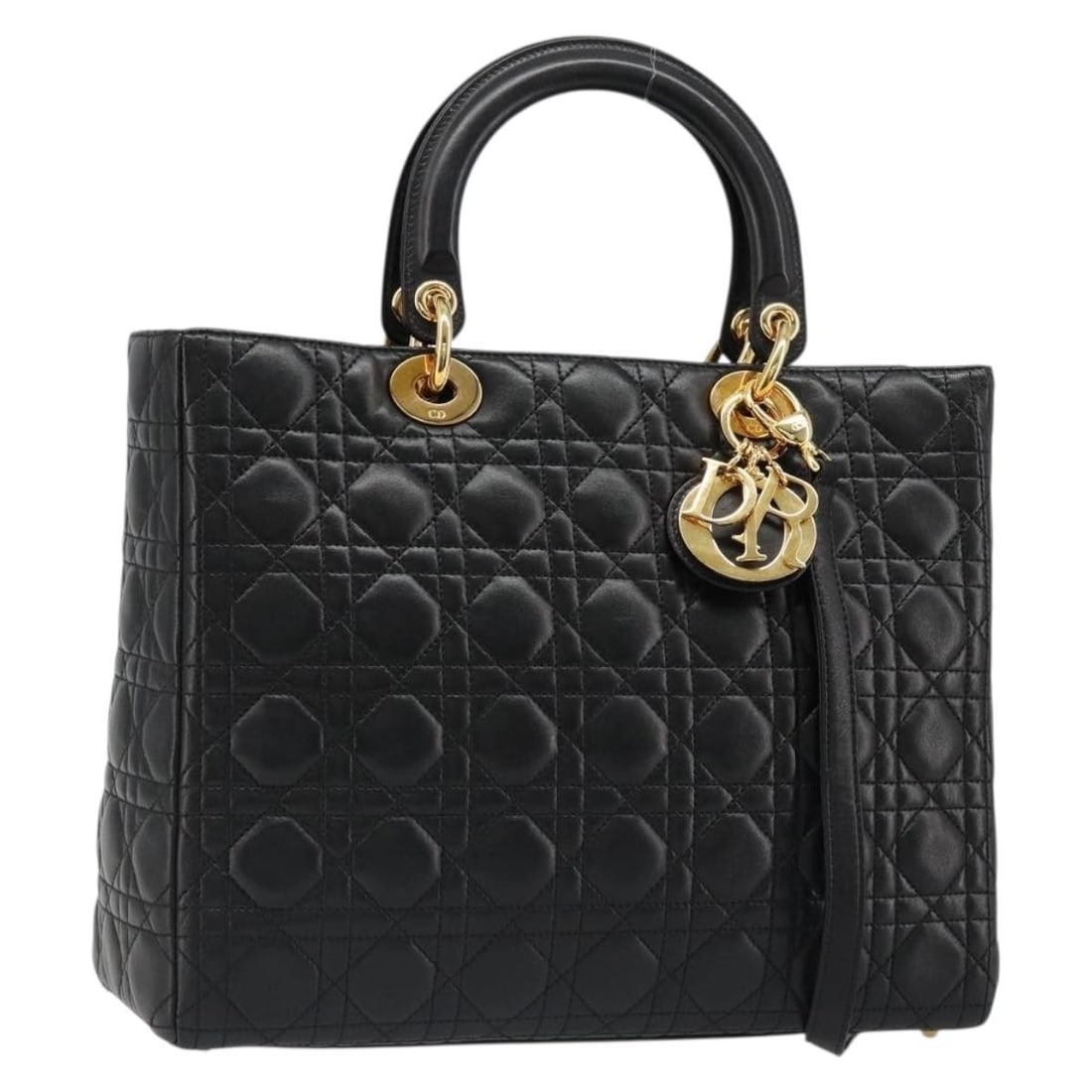 Christian Dior Lady Dior 2way handbag black lambskin with strap charm: Christian Dior Lady Dior 2way handbag black lambskin with strap charm This Christian Dior Lady Dior Canage bag is crafted from lamb skin in a black and gold color combination. It is a 2-way handbag ma