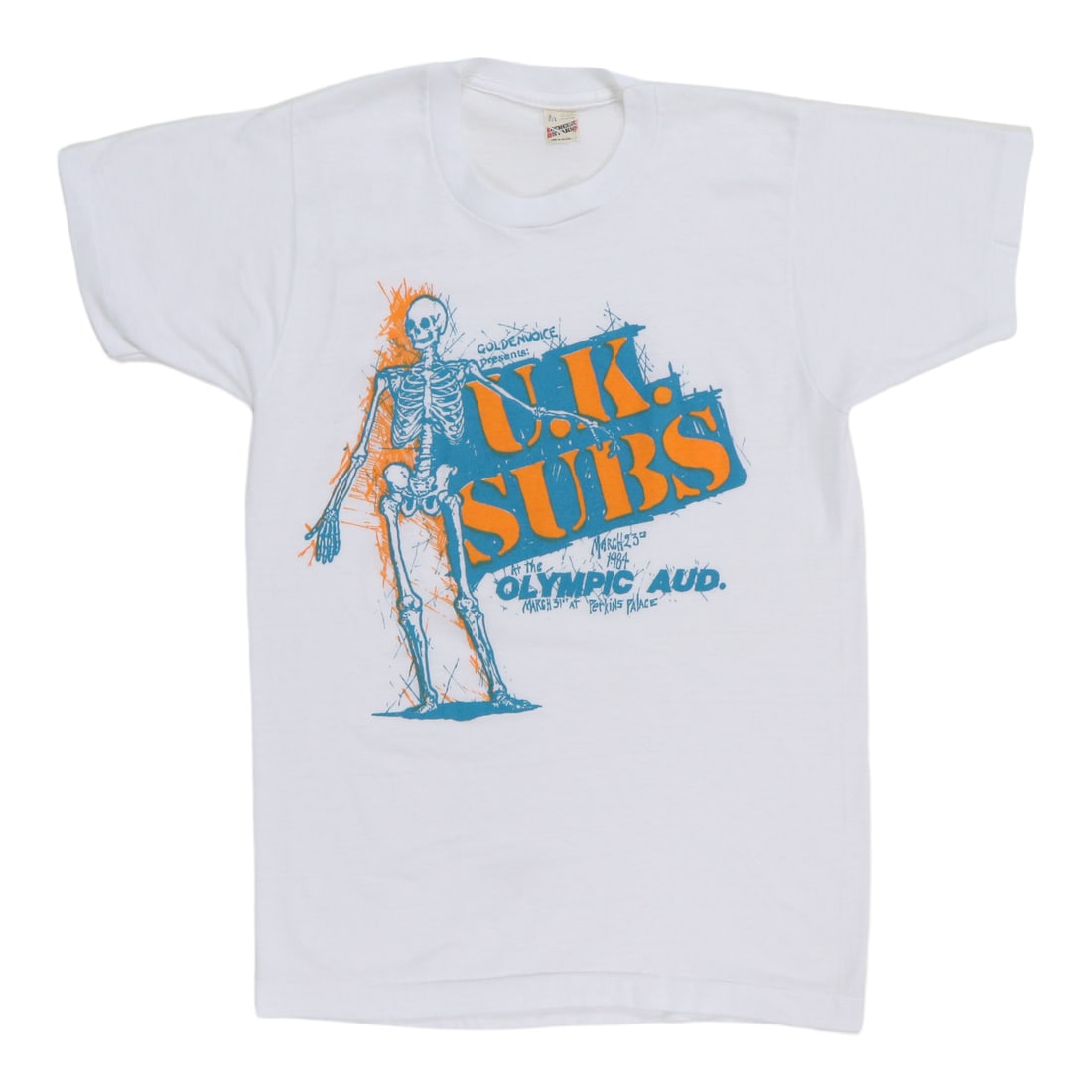 Vintage 1984 UK Subs Goldenvoice White Poly Cotton Concert T Shirt: Vintage 1984 UK Subs Goldenvoice White Poly Cotton Concert T Shirt This is an original vintage 1984 UK Subs Goldenvoice Concert Shirt, not a modern reproduction. The shirt is white and made from a 50/