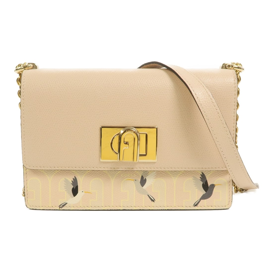 Furla 1927 Pink Calfskin Chain Shoulder Bag: Furla 1927 Pink Calfskin Chain Shoulder Bag A Furla 1927 crossbody shoulder bag in pink calfskin (cowhide) leather with a chain shoulder strap and turn-lock closure. The bag is described as having rea