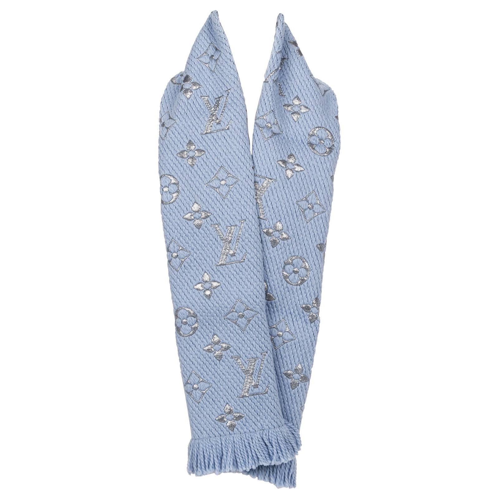 Louis Vuitton Blue Metallic Woven Scarf Reversible Fringe Detail: Louis Vuitton Blue Metallic Woven Scarf Reversible Fringe Detail Elevate your accessory collection with this stunning Louis Vuitton Logo Blue Metallic Woven Scarf. Crafted in France, this exquisite pi